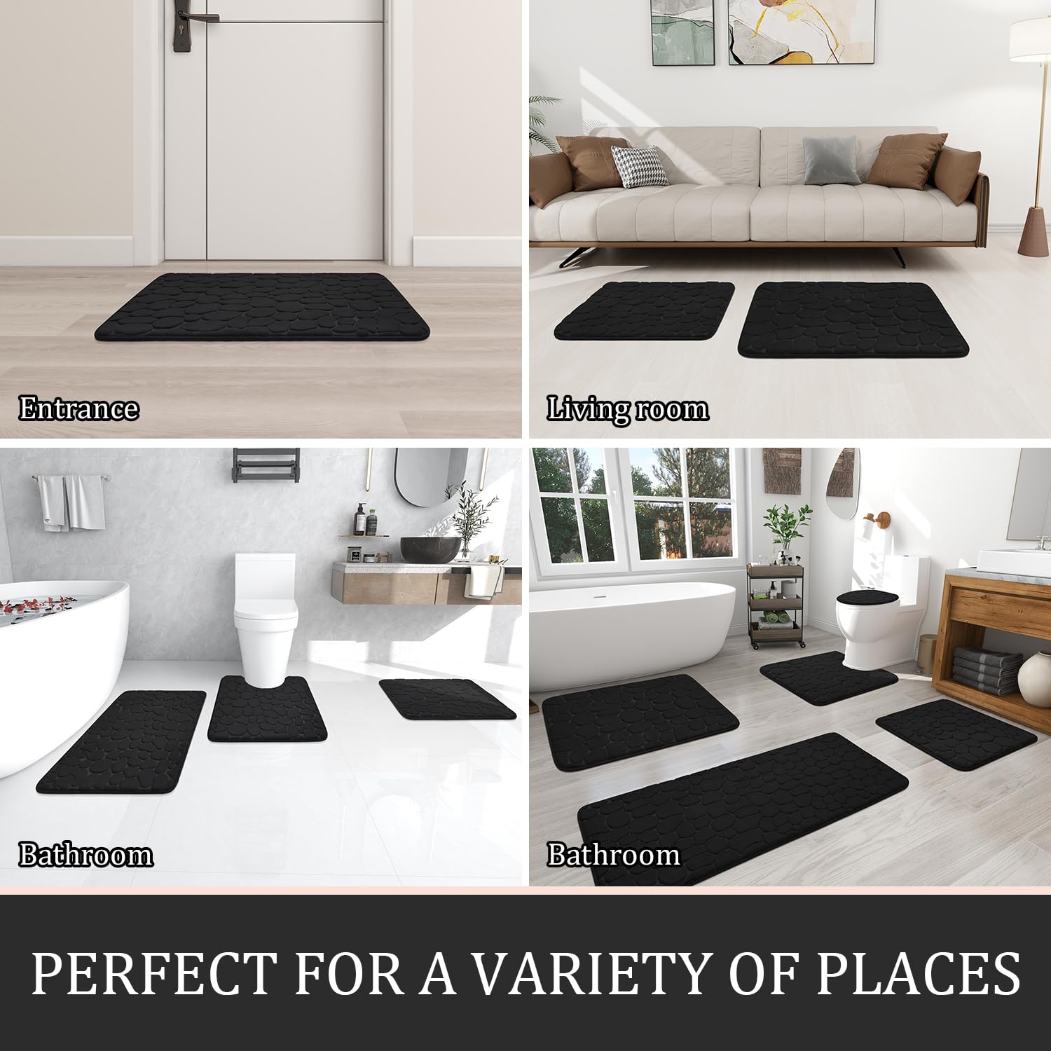 YIHOUSE 2-Piece Cobblestone Memory Foam Bathroom Rug Set - Extra Thick Non-Slip Bath Mats, Super Absorbent & Machine Washable - Soft Black Bath Rugs for Tub, Shower, Toilet & Floor - Perfect for Bathroom Safety and Comfort