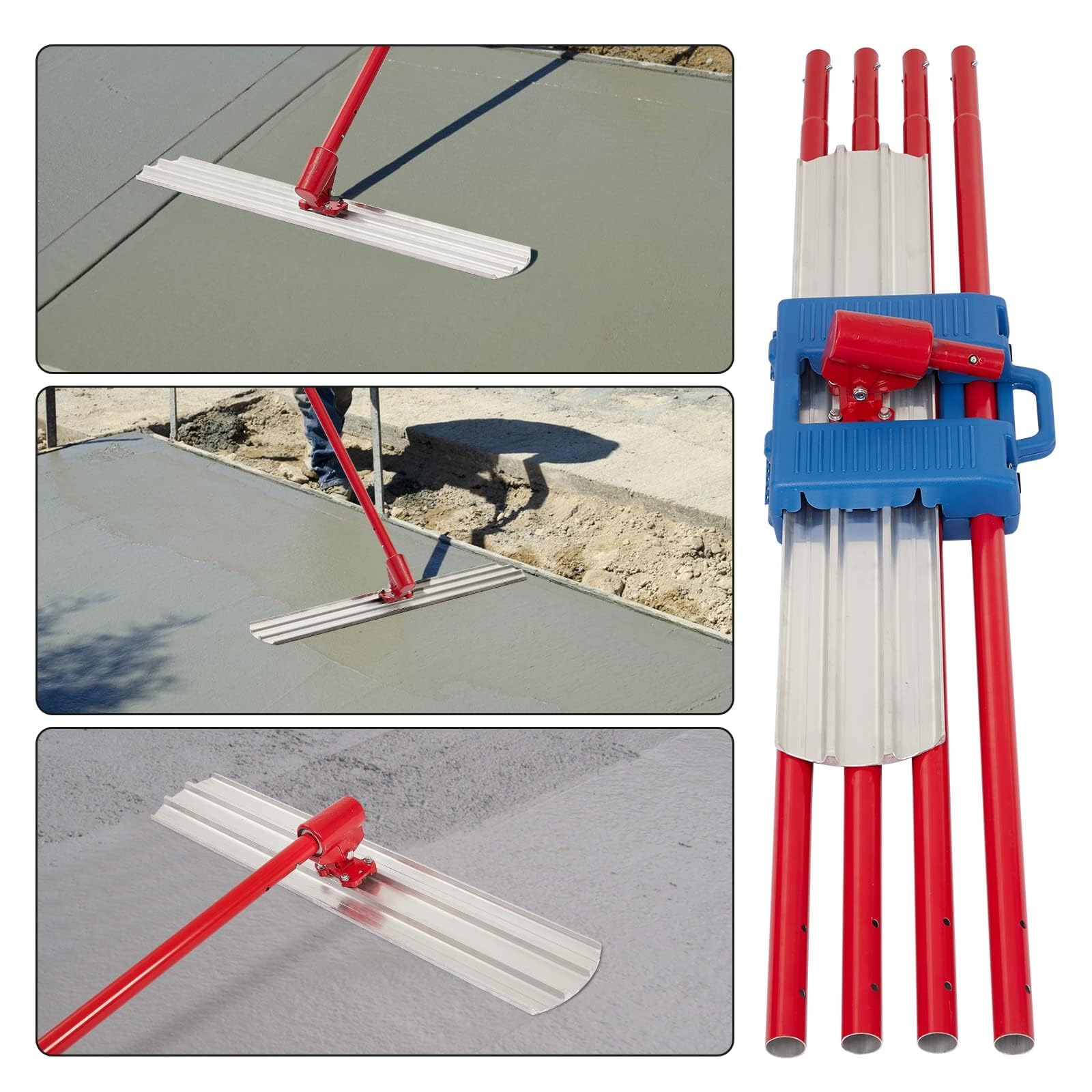 Bull Float Magnesium Concrete Float - 36 x 8 Inch Round End Cement Finishing Tool with 4 Handle Brackets (Red) - Perfect for Smoothing Concrete Floors, Driveways & Patios
