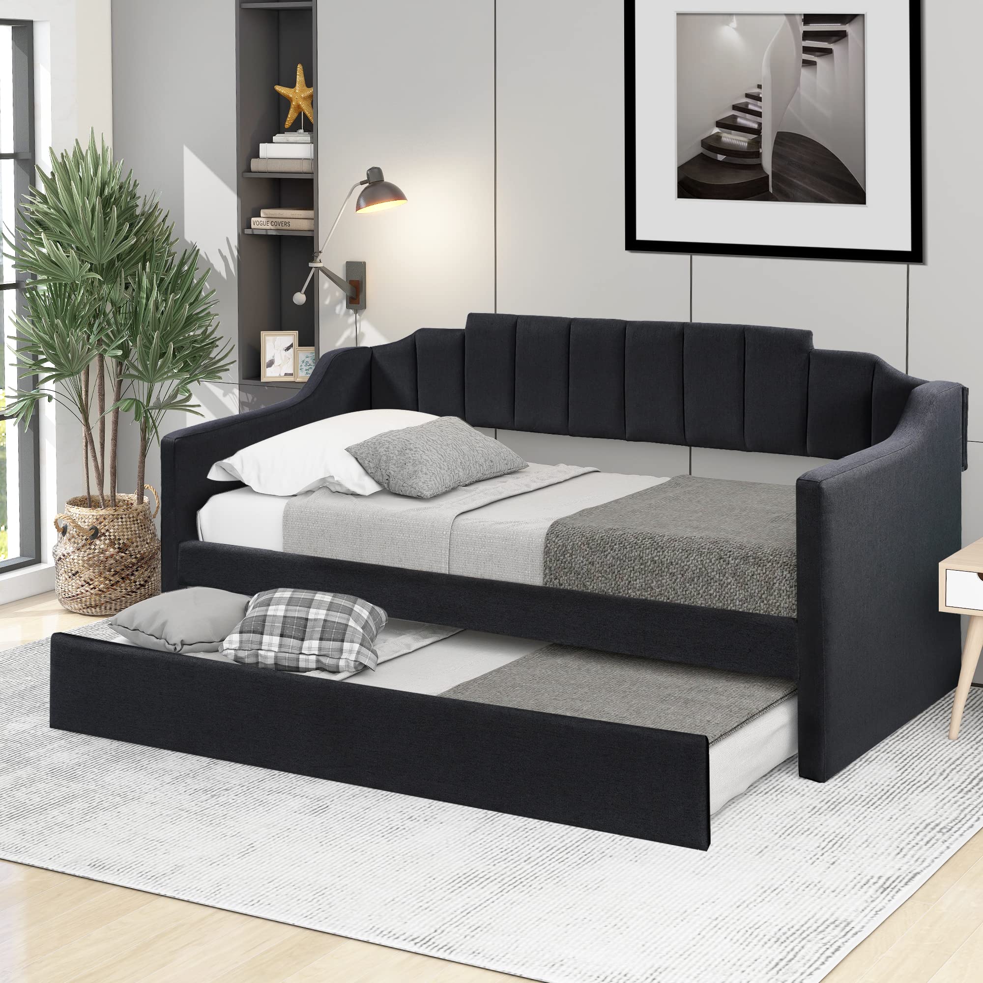 Harper & Bright Designs Twin Upholstered Daybed with Trundle - Wood Sofa Bed Frame for Living Room, Bedroom & Guest Room - Black - Space Saving Sleeper Solution for Small Spaces & Sleepovers