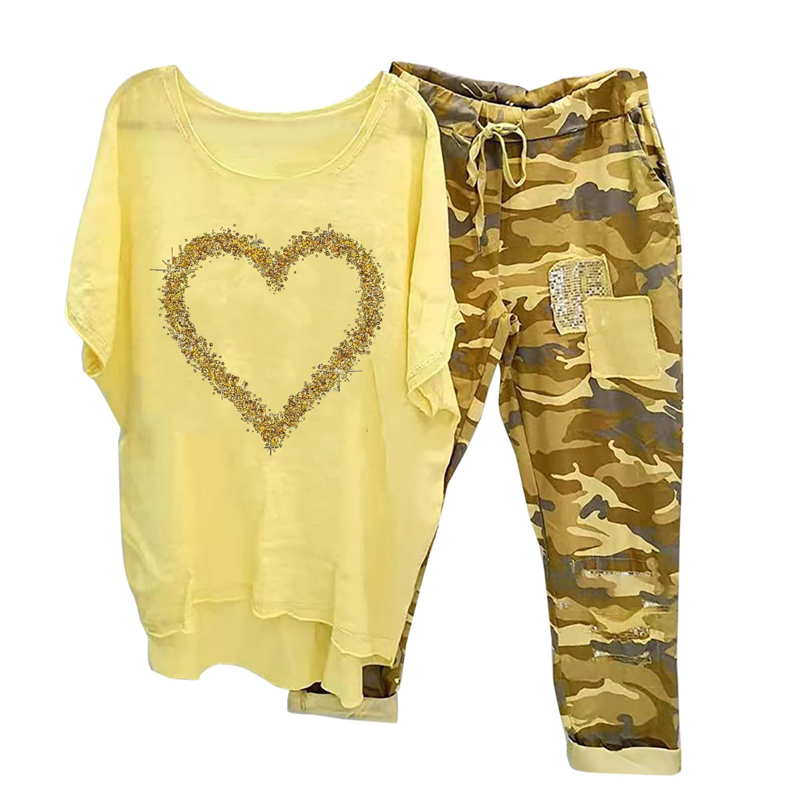 Women's 2-Piece Linen Lounge Set - Oversized Short Sleeve Shirt & Camo Capri Pants | Breathable Summer Outfit for Casual Wear, Vacation & Home Relaxation