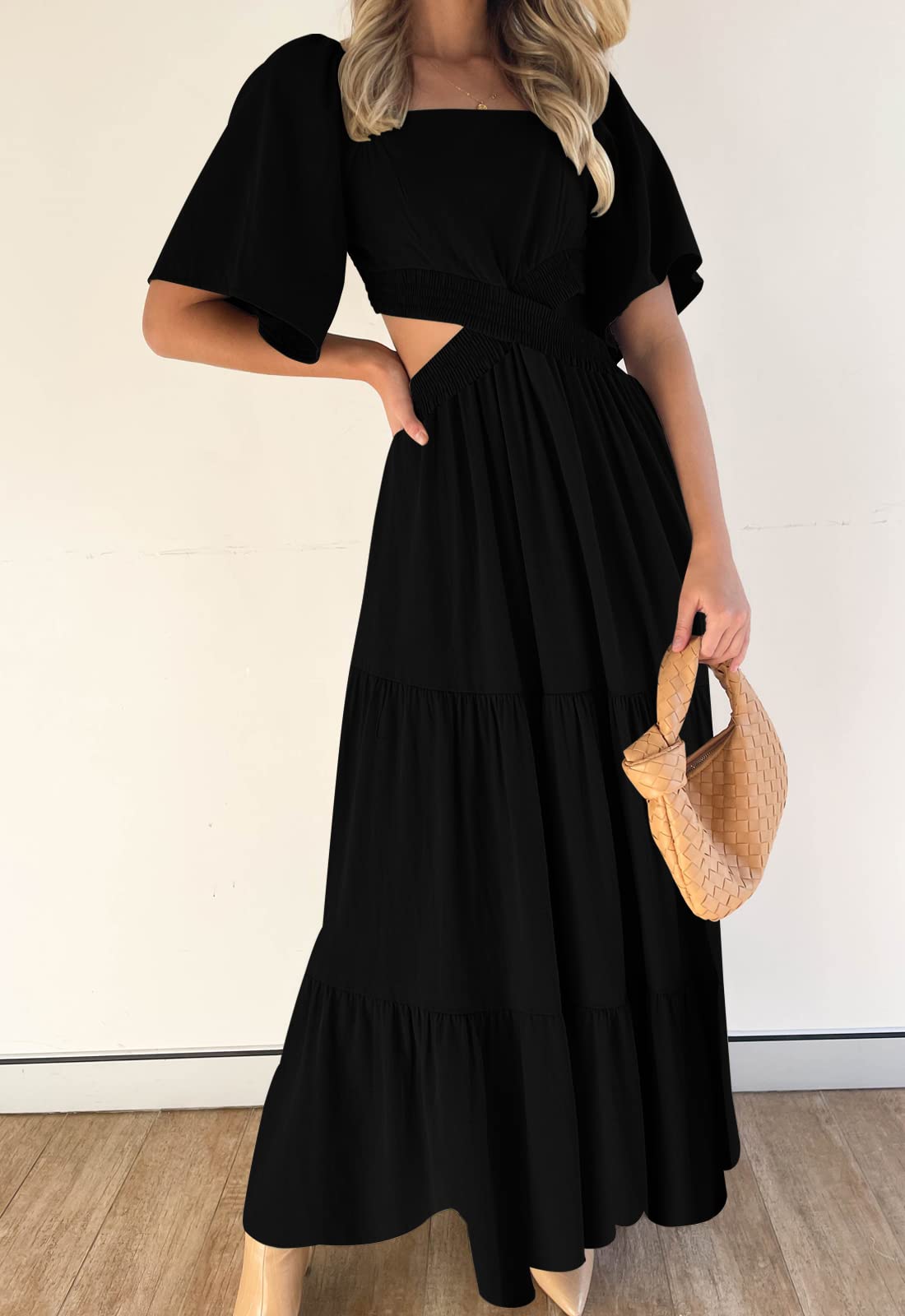 LEANI Women's 2025 Summer Cutout Maxi Dress - Square Neck, Short Sleeve, Crossover Waist Casual Party Dress for Beach, Wedding & Evening Events | Flowy Boho Chic Style