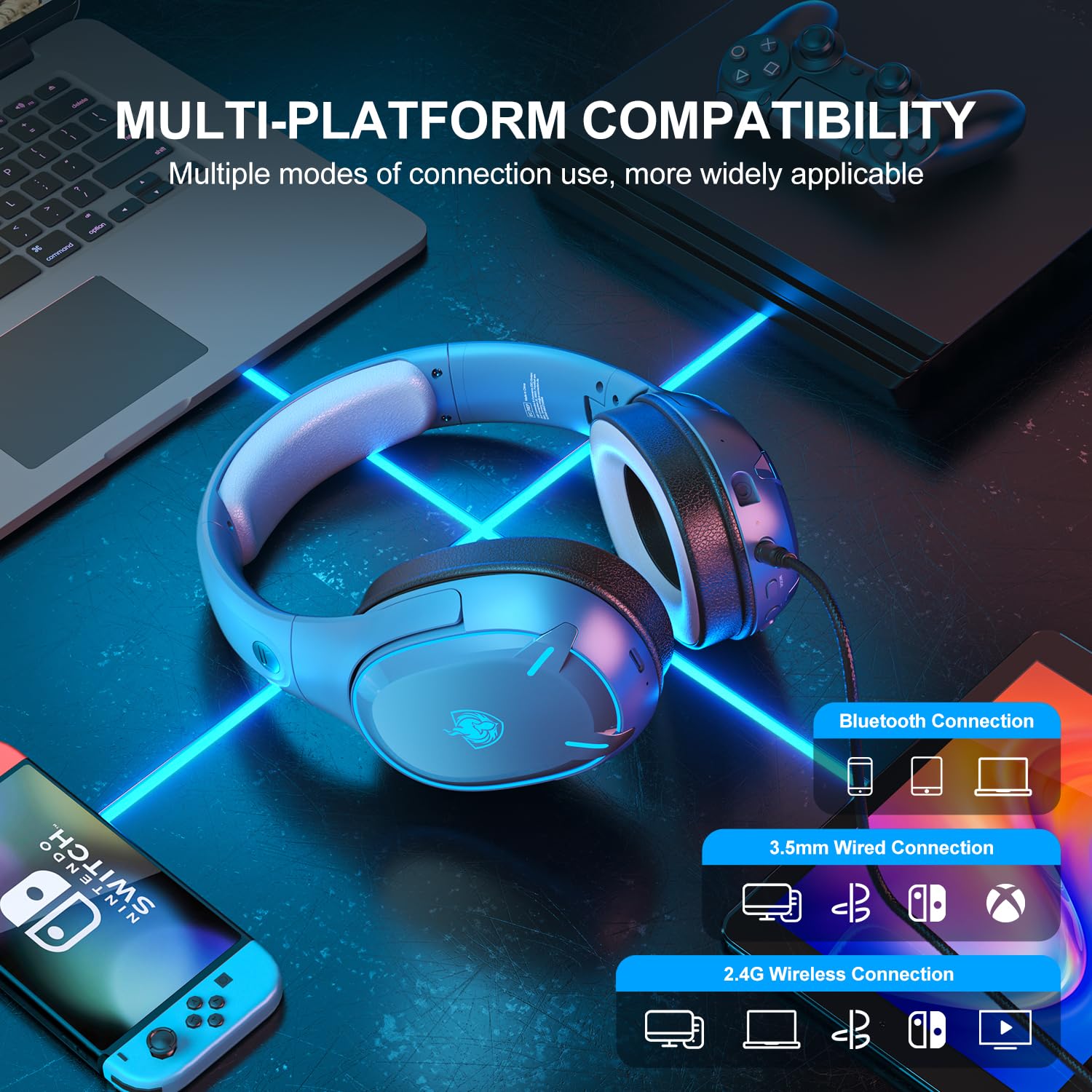 PHOINIKAS Wireless Bluetooth Gaming Headset with Dual Chip - Bluetooth 5.3 for Phone/Computer & 2.4GHz Dongle for PC/PS4/PS5/Nintendo Switch/TV - Noise Cancelling Mic, 30H Playtime, LED Lights - Perfect for Gaming, Work Calls & Entertainment