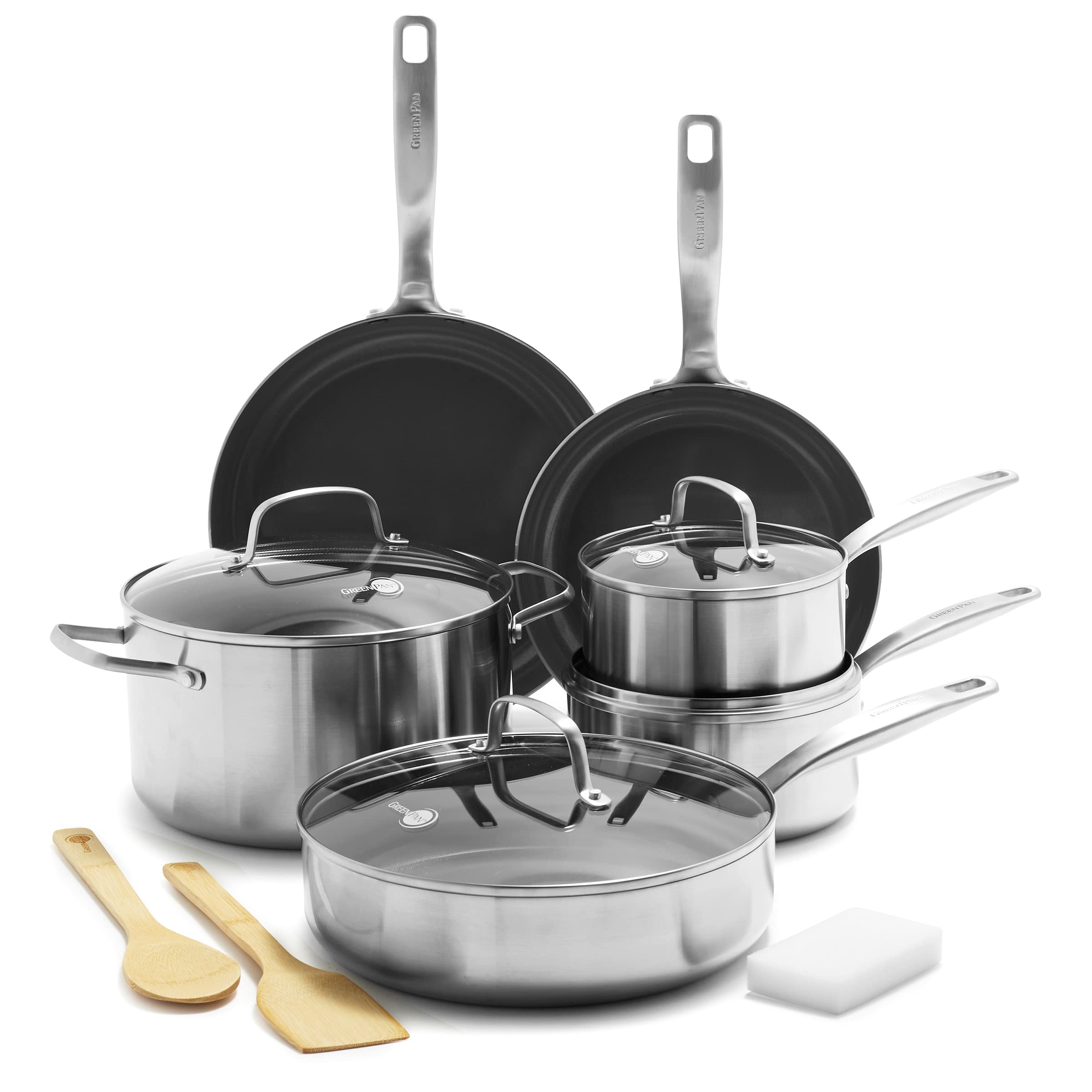 GreenPan Chatham 12-Piece Tri-Ply Stainless Steel Cookware Set - PFAS & PFOA-Free Healthy Ceramic Nonstick Coating, Induction Compatible, Oven & Dishwasher Safe for Everyday Cooking & Professional Kitchens