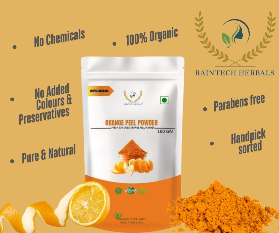 Organic Orange Peel Powder 100g - Pure Natural Vitamin C Rich Face Mask for Skin Brightening & Anti-Aging | Cruelty-Free Vegan Skincare | Perfect for DIY Face Packs, Scrubs & Glow Treatments