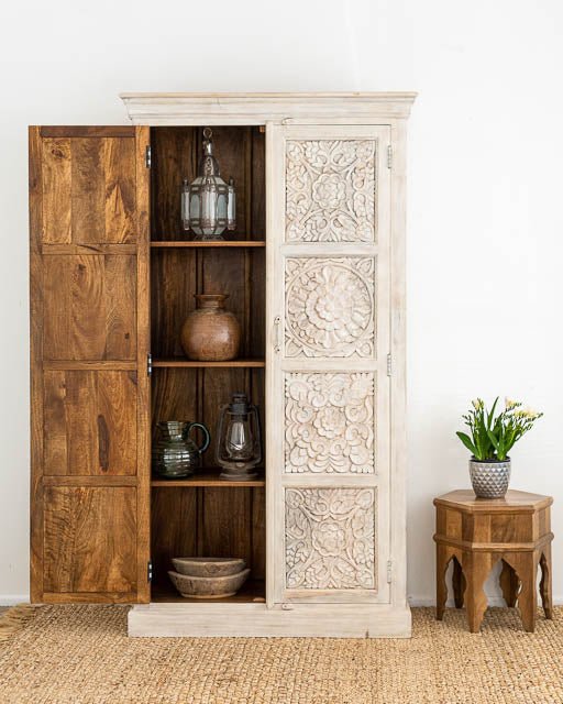 Hand Carved Solid Wood Charika Armoire - Traditional Indian Wardrobe with Mirror & Storage | Perfect for Bedroom, Living Room & Guest Room Organization