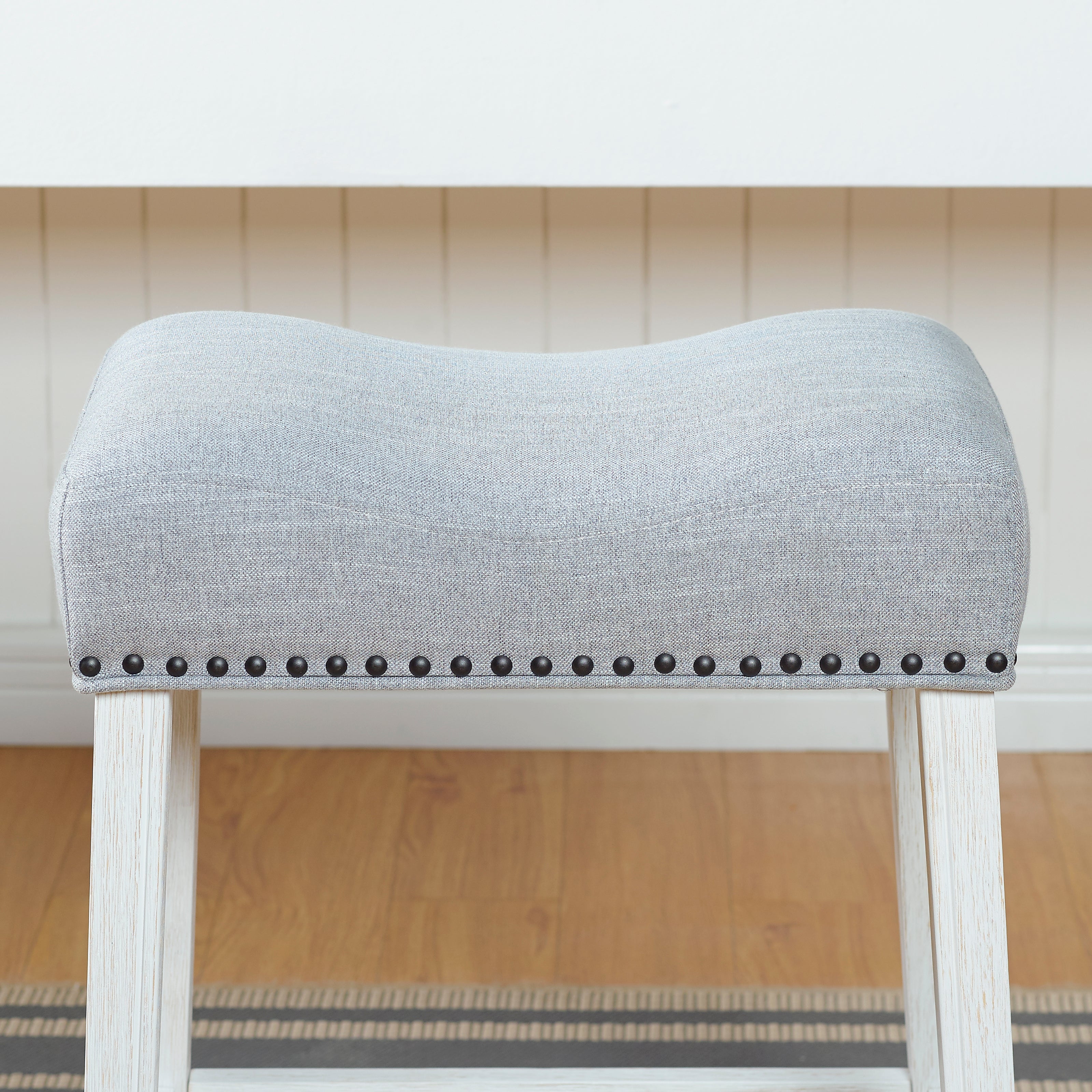 Roundhill Furniture CoCo Upholstered Counter Height Bar Stools - Set of 2, Gray Fabric with White Washed Finish, Saddle Seat - Perfect for Kitchen Islands, Breakfast Bars & Home Decor