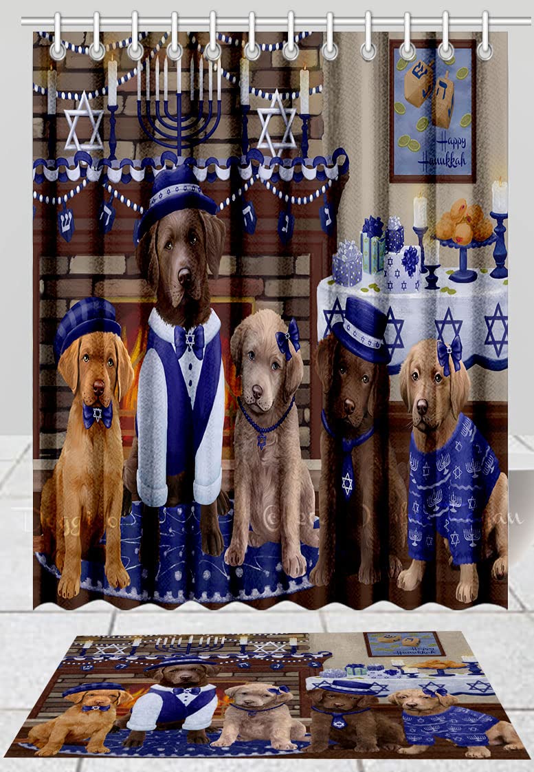 Happy Hanukkah Family Chesapeake Bay Retriever Dog Bath Mat & Shower Curtain Set - Non-Slip Bathroom Decor, Plush Rug & Polyester Curtain with Hooks (Mat 20