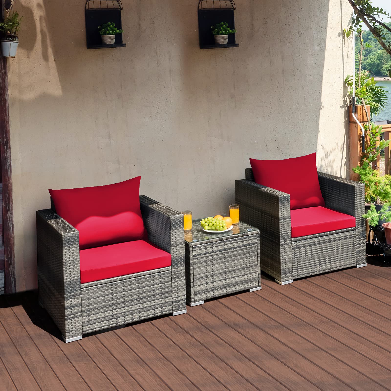 Tangkula 3-Piece Outdoor Patio Furniture Set - PE Rattan Wicker Sofa with Washable Cushions & Tempered Glass Table - Garden, Poolside, Backyard Conversation Set for Relaxing & Entertaining