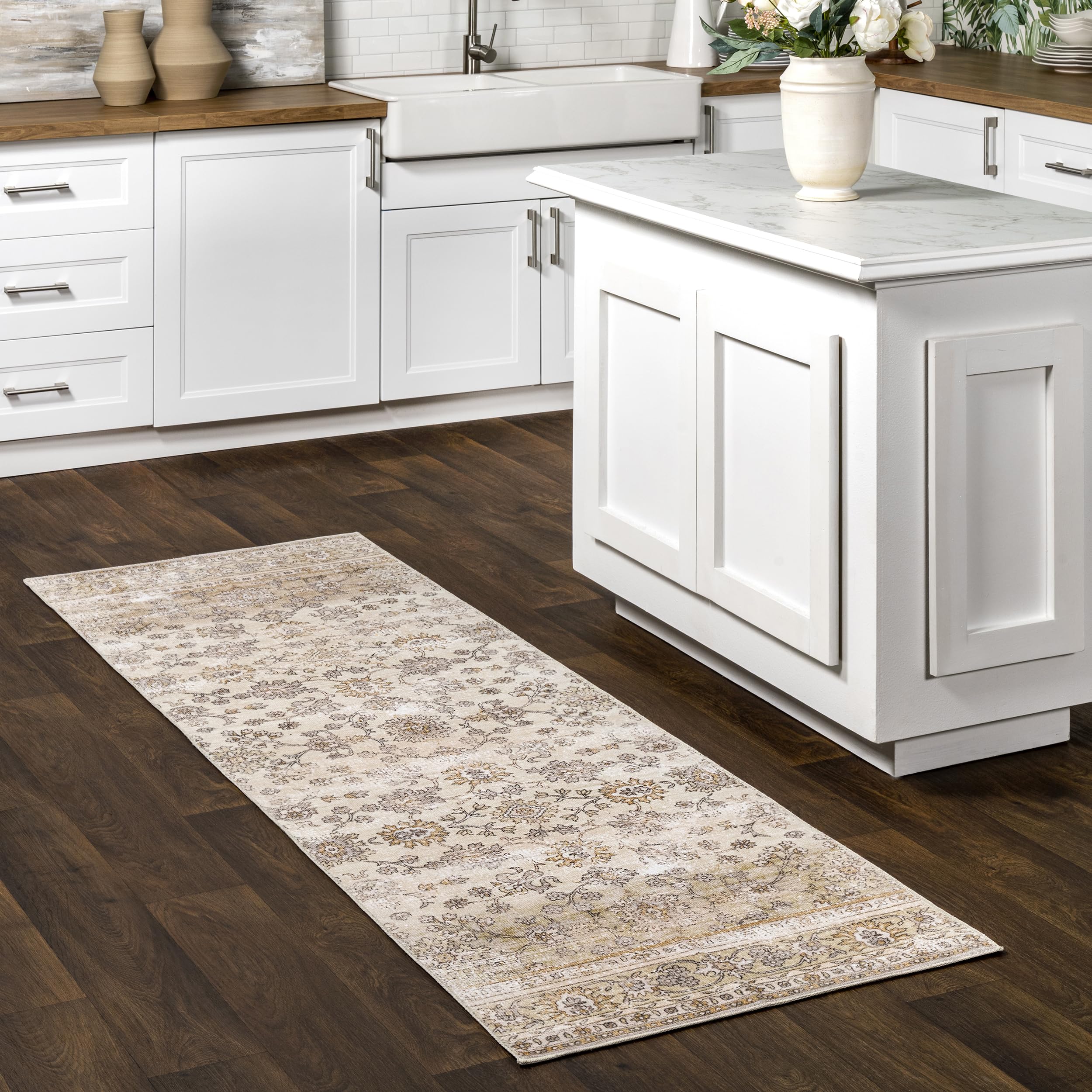 nuLOOM 2' x 8' SpinClean Machine Washable Stain-Resistant Area Rug with Non-Slip Backing - Low Profile for Living Room, Bedroom & Dining Room - Deadra Beige | Perfect for High Traffic Areas & Pet-Friendly Homes