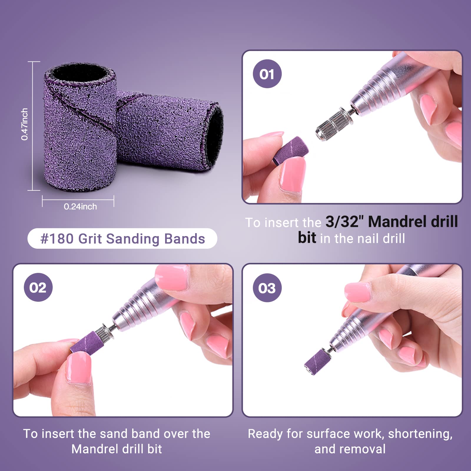 MelodySusie 100 Pcs Nail Drill Bits Sanding Bands - 180 Fine Grit Nail File for Acrylic Nails, Gel Manicures & Pedicures | Professional Salon & Home Nail Care Kit