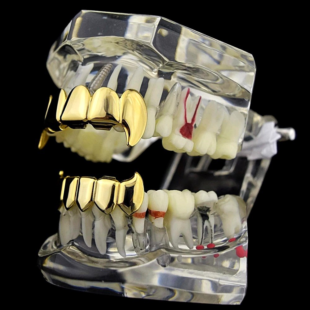 14K Gold Plated Vampire Fang Grillz Set - Top & Bottom Hip Hop Teeth Jewelry for Rappers & Halloween Costumes
