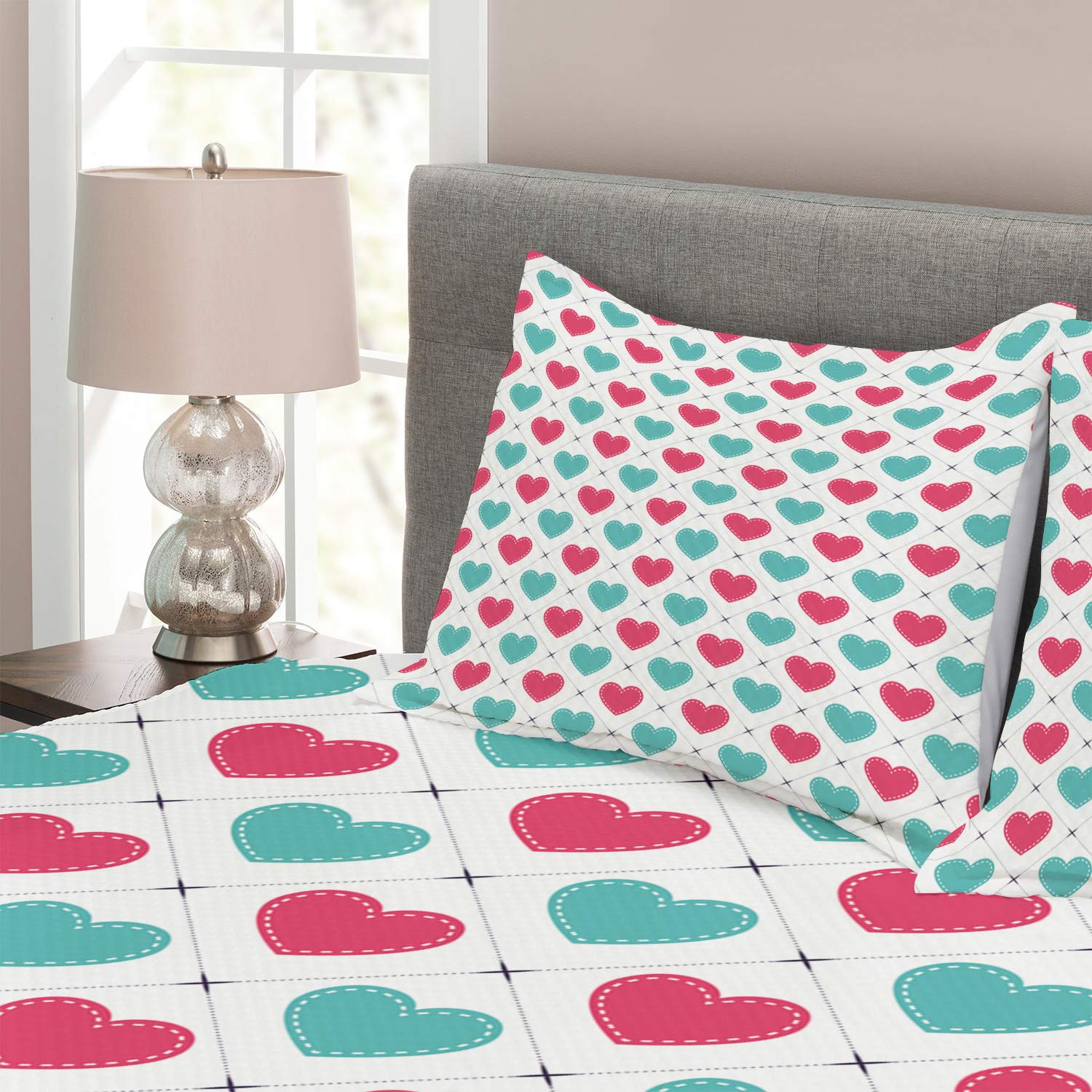 Ambesonne Valentine's Day King Size Bedspread Set - 3 Piece Quilted Coverlet with 2 Pillow Shams, Diagonal Heart Square Pattern in Seafoam Dark Coral | Romantic Bedroom Decor for Couples Gift