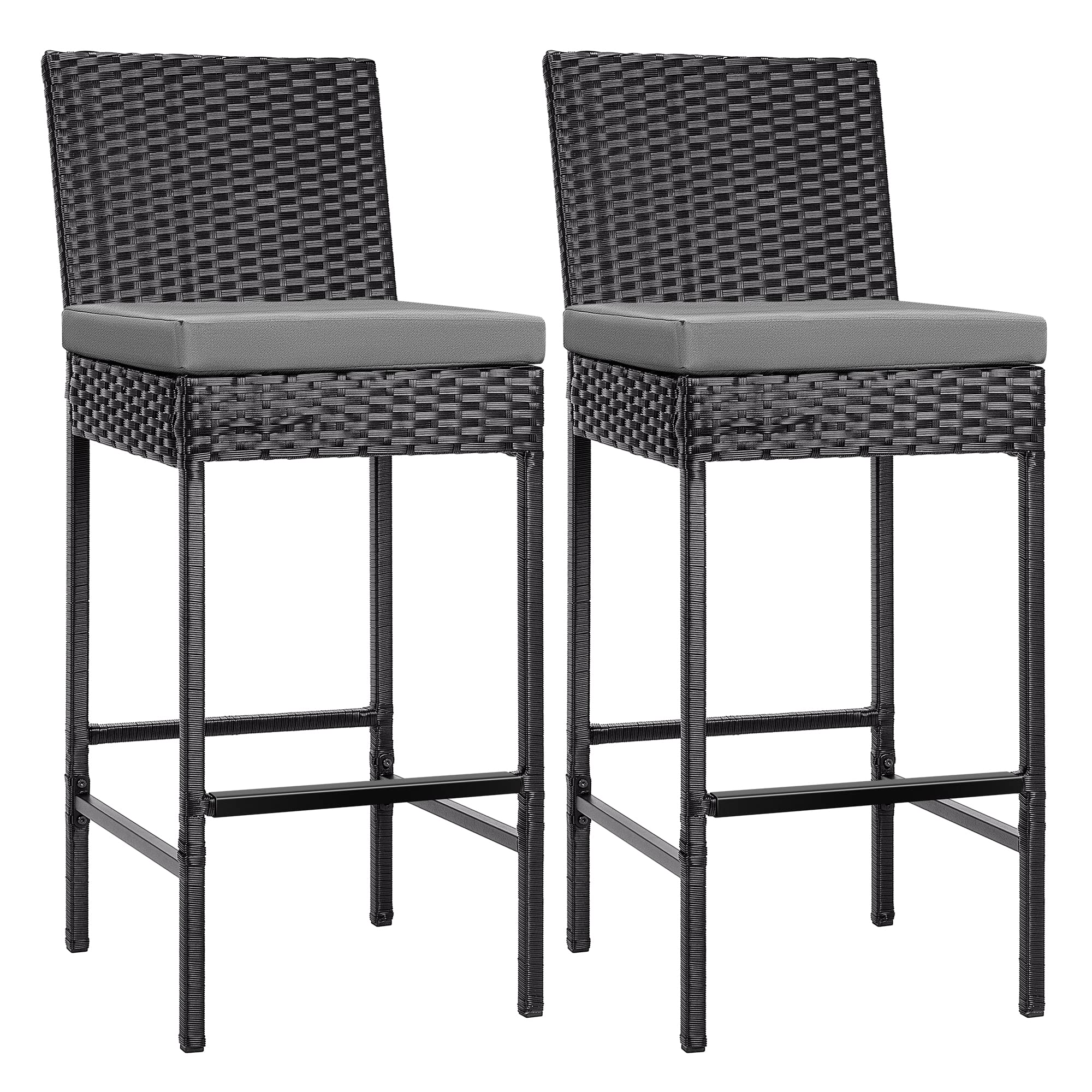 VIVOHOME 2 Pack Black Outdoor Wicker Barstools with Cushions - Patio Rattan Furniture for Garden, Poolside & Backyard Relaxation