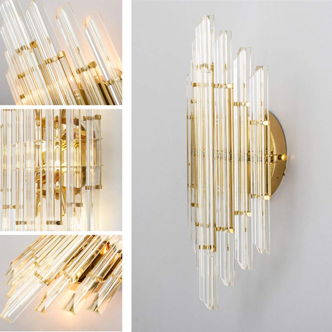KCO Lighting Modern Crystal Wall Sconce Set of 2 - Gold Metal Wall Mounted Light Fixture with Clear Crystals for Bedroom, Living Room, Dining Room - Elegant Home Decor Lighting for Hallway, Entryway, and Interior Design (Gold-2PC)