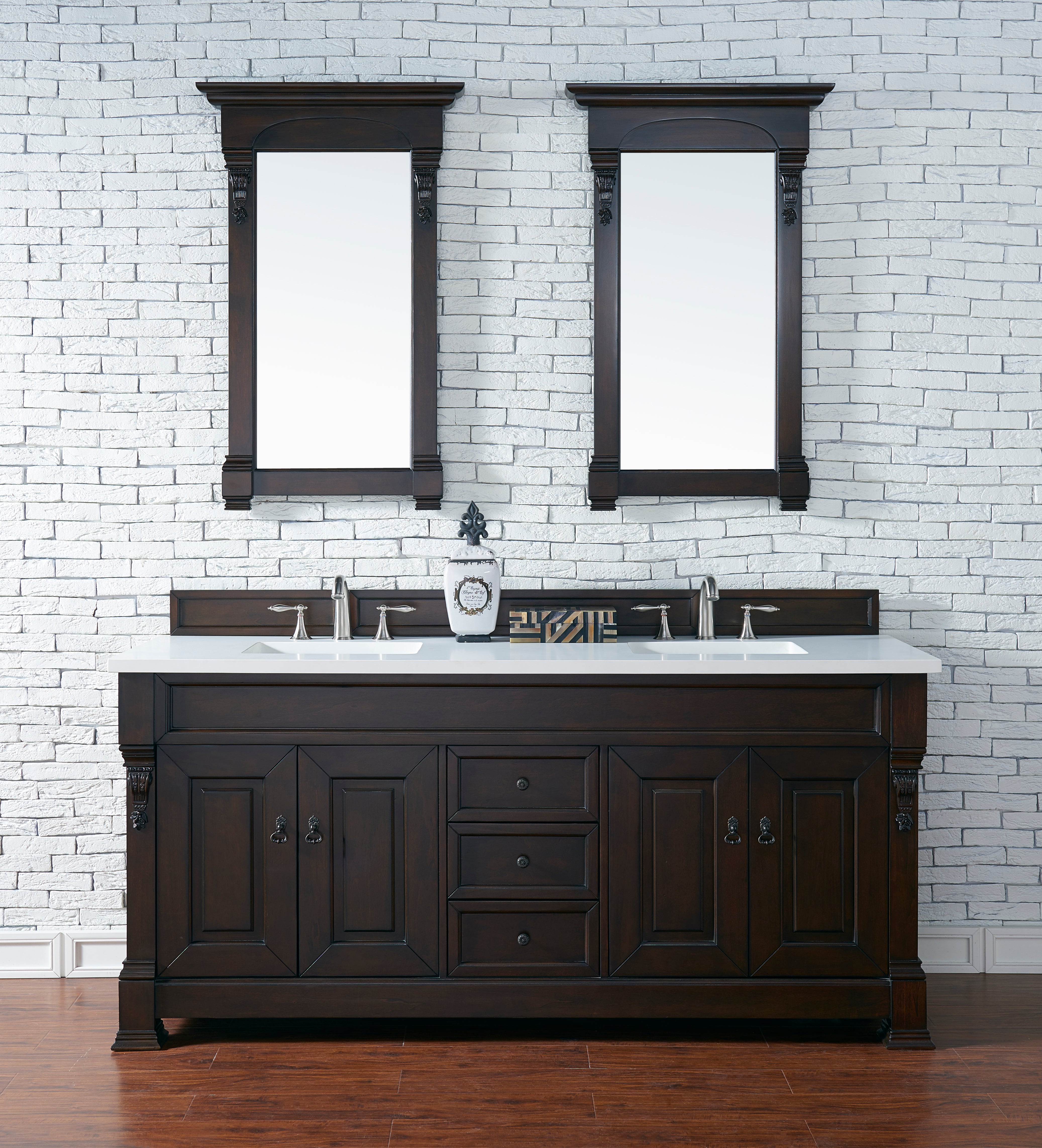 Brookfield 72 Inch Double Bathroom Vanity with Burnished Mahogany Cabinet & 3CM White Zeus Quartz Countertop - Perfect for Master Bathroom Renovation & Luxury Home Upgrade