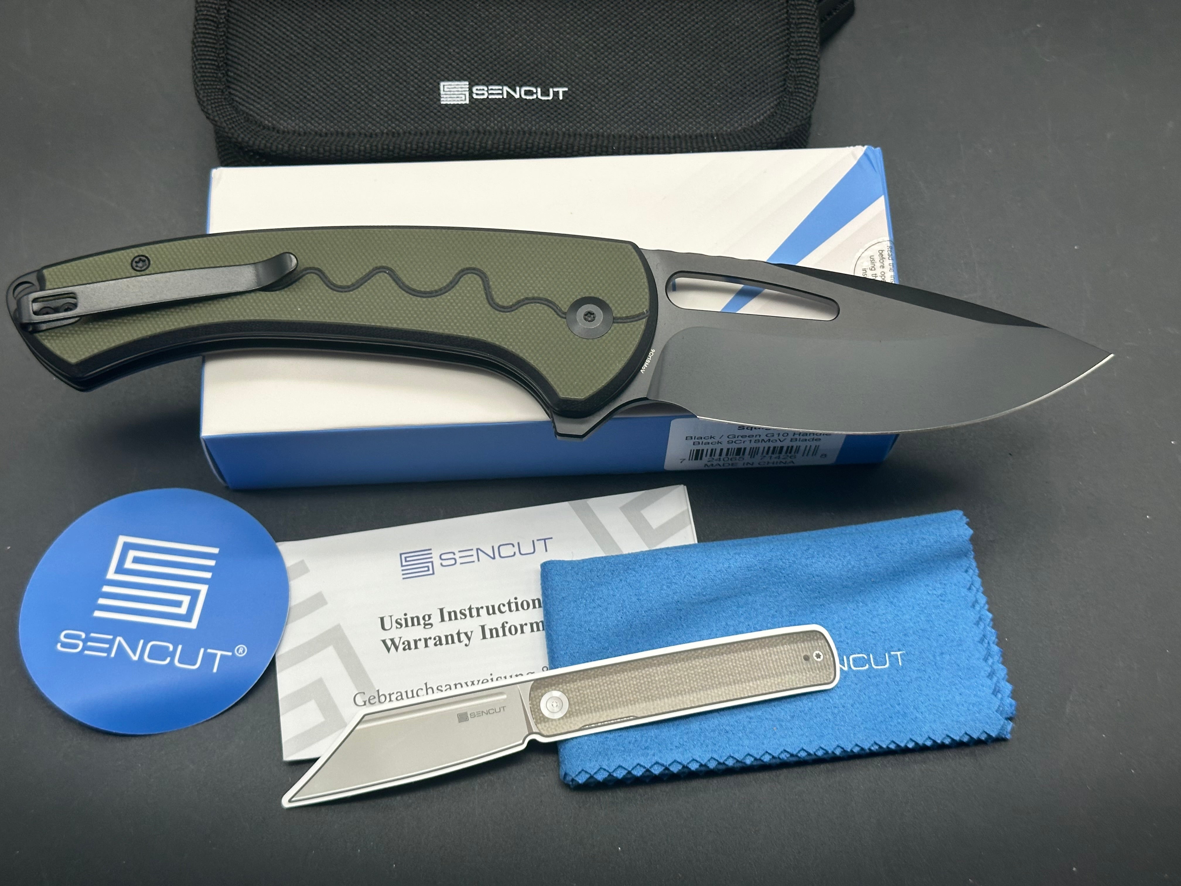 SENCUT SQUIGGY Folding Pocket Knife - 9CR18MOV Black Blade with Black/Green G10 Handle - EDC, Camping, Hiking & Outdoor Survival Tool