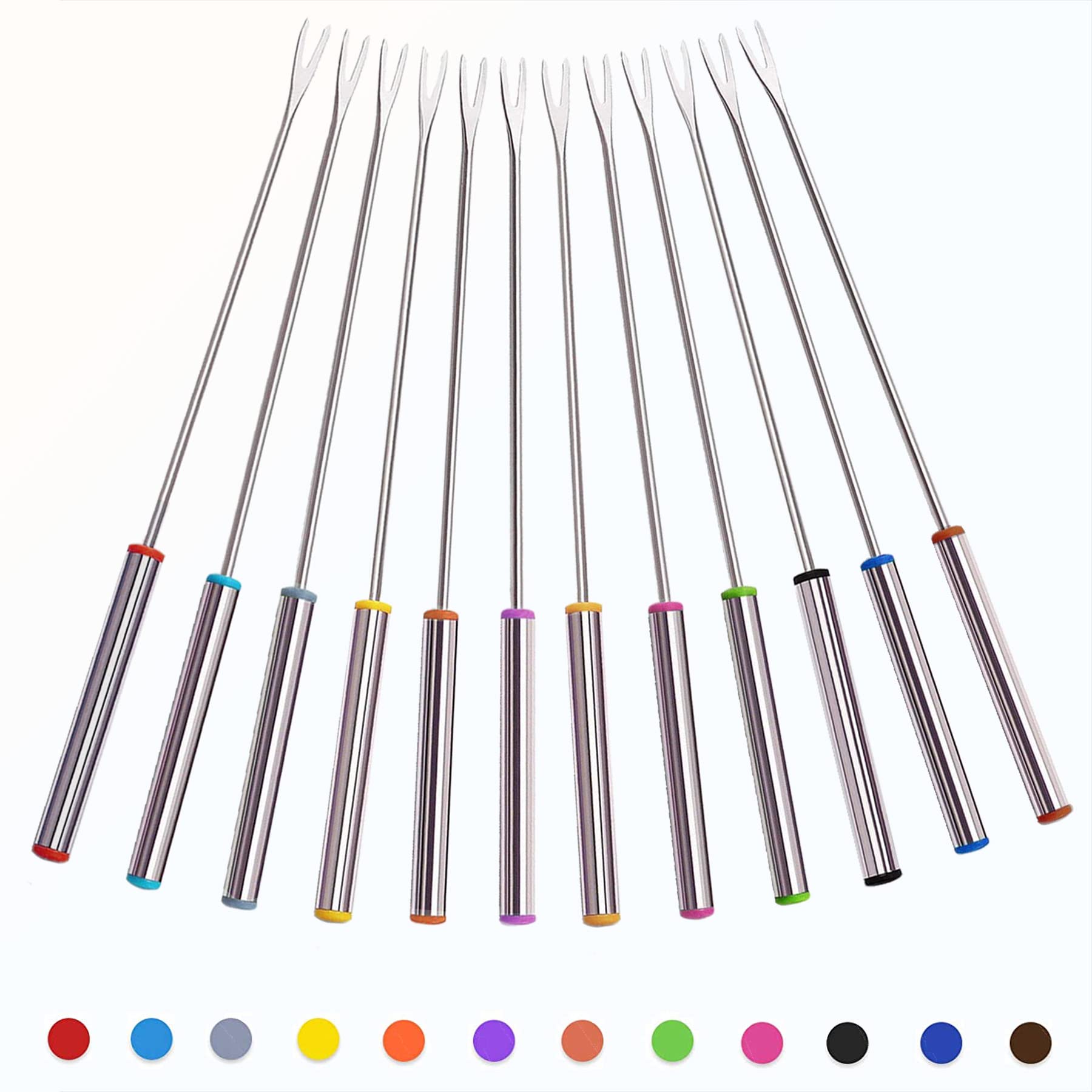 12-Piece Color-Coded Stainless Steel Fondue Forks Set with Heat-Resistant Handles (9.5 Inch) - Perfect for Cheese, Chocolate & Meat Fondue Parties, Family Gatherings & Entertaining