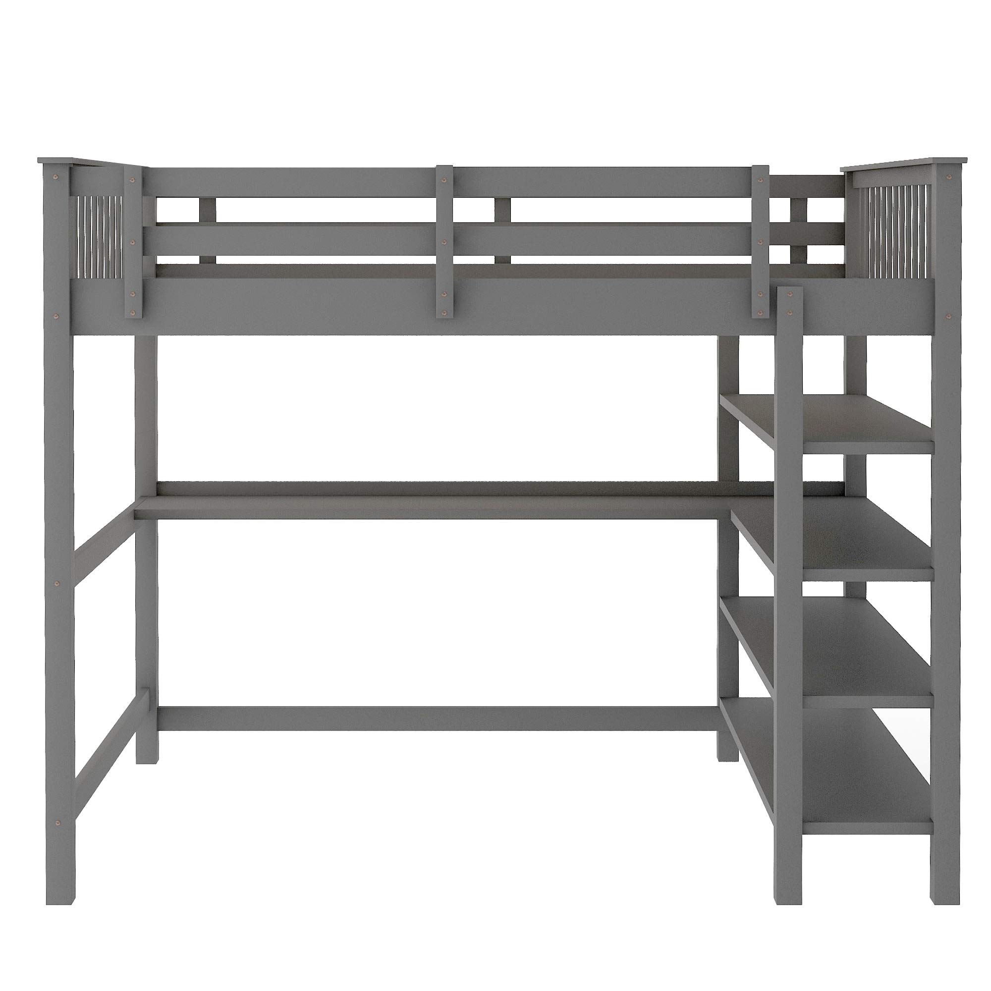 Rubber Wood Loft Bed with Storage Shelves & Desk - Full-Length Guardrail, Space-Saving Kids Bed Frame with Bookcase (Full Size, Gray) - No Box Spring Needed | Perfect for Small Bedrooms, Dorms & Kids' Rooms