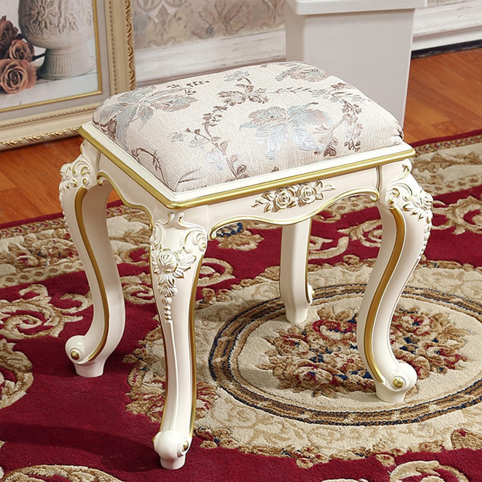 Square Vanity Stool with Wood Legs & Padded Seat - Retro Makeup Dressing Bench Stool for Bedroom, Living Room, Bathroom - 16x12x18 Inch (40x30x46cm) - Perfect for Makeup, Dressing Table, Piano Stool & Home Decor