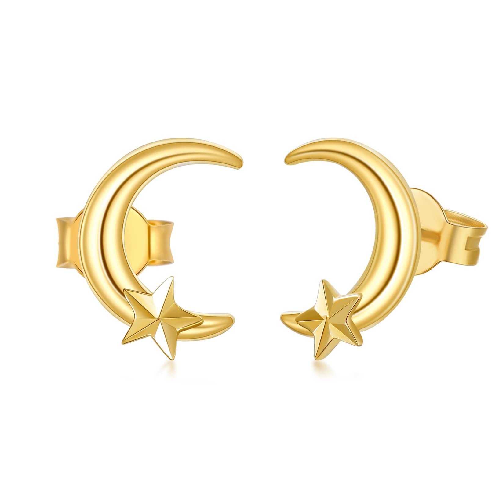 14k Solid Gold Moon and Star Stud Earrings for Women - Dainty Fine Jewelry Gift for Her, Birthday, Anniversary - Perfect for Everyday Wear & Special Occasions