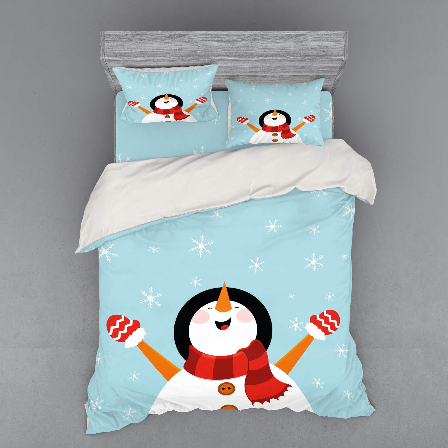 Ambesonne Christmas Bedding Set 4-Piece - Happy Snowman & Snowflakes Duvet Cover with Shams & Fitted Sheet, Queen Size Multicolor - Cozy Holiday Bedroom Decor for Winter & Christmas Celebrations