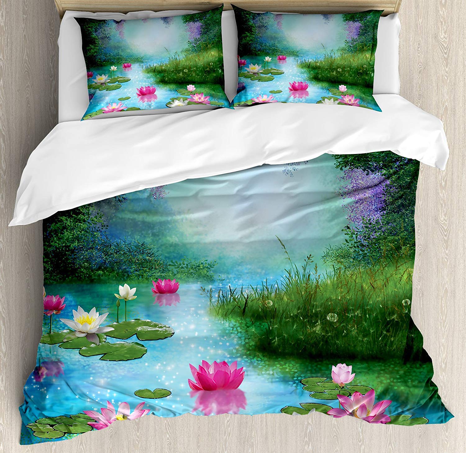 4-Piece Fantasy Pond Water Lilies Bedding Set - Romantic Lotus Duvet Cover, Sheets & Pillowcases for Kids/Teens/Adults (California King) | Perfect for Fairy Tale Themed Bedrooms & Cozy Sleep