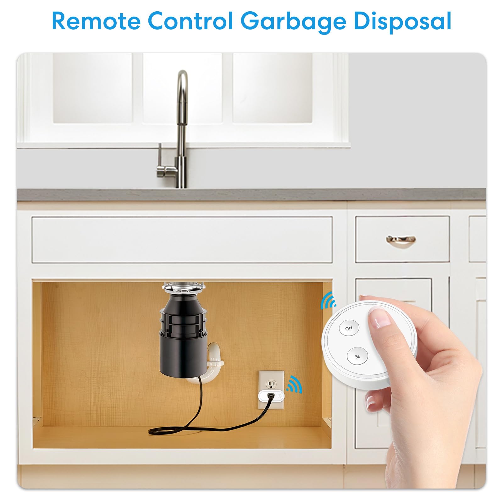 Wireless Remote Control Outlet Switch for Garbage Disposal - 5s/10s Timer, No Wiring Needed, 16A/1800W Capacity (White) - Perfect for Kitchen Sink Waste Disposers, Lights & Small Appliances up to 1HP - Replace Sink Top Air Switches Conveniently