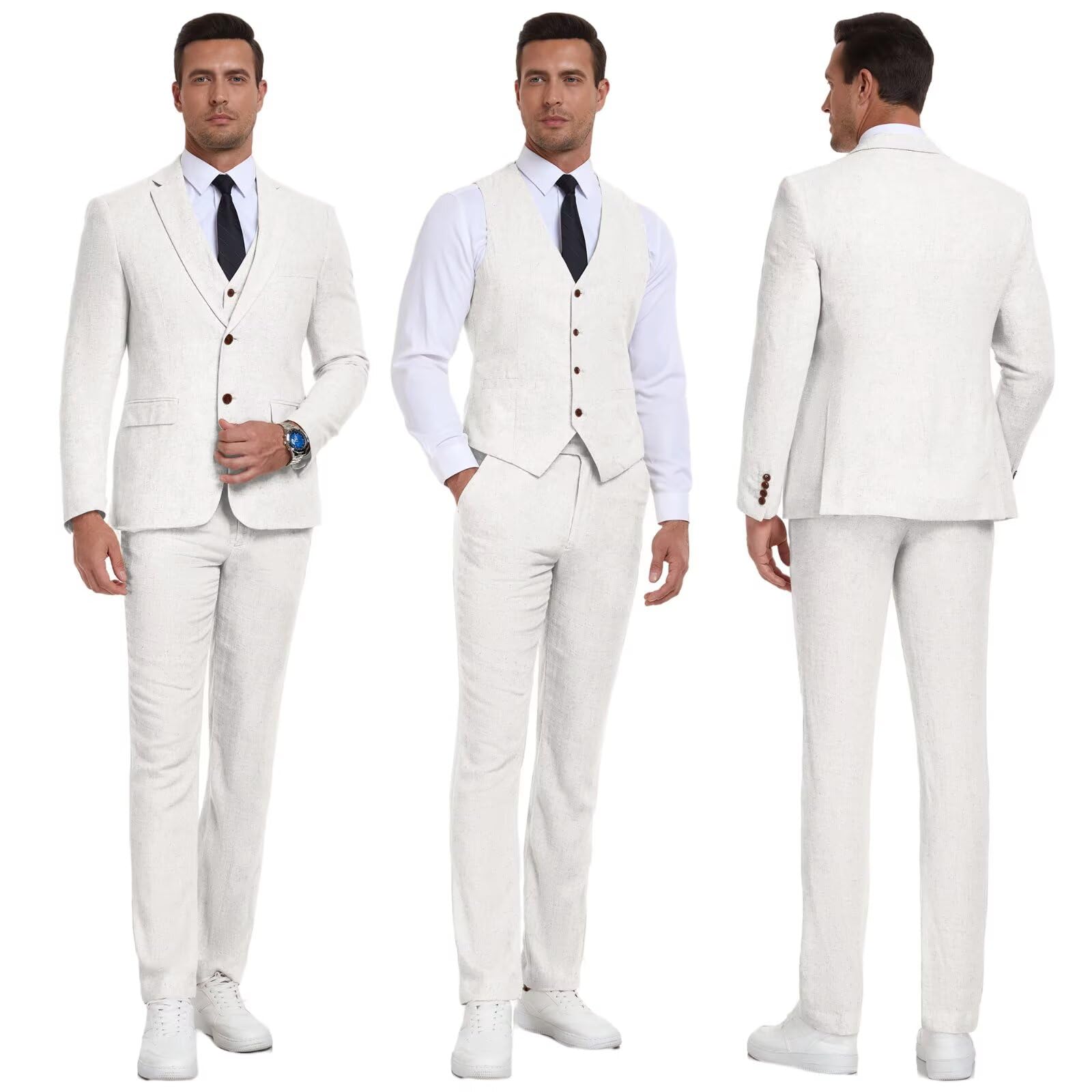 Premium Men's Linen Suits 3-Piece Set - Breathable Summer Wedding Blazer, Vest & Pants for Groomsmen, Beach Ceremonies & Formal Events