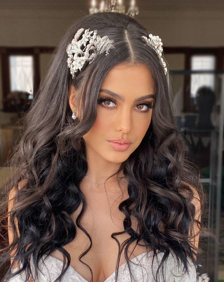 Elegant Bridal Headpiece with Crystal Navette Leaves & Flowers – Statement Pony Vine Hair Accessory by Kezani | Perfect for Weddings, Bridal Showers & Special Occasions