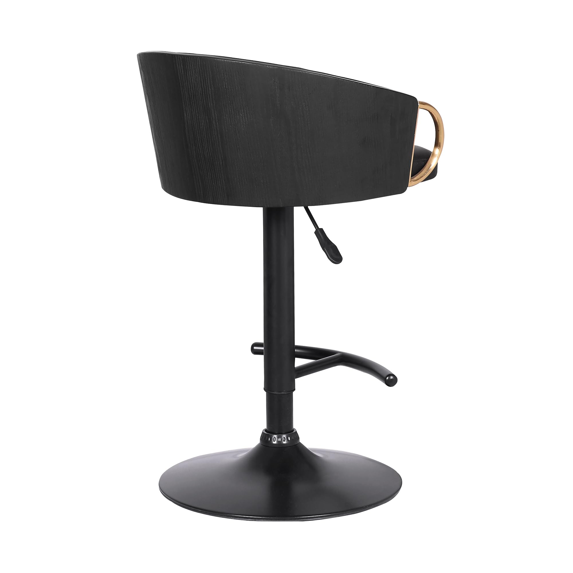 Armen Living Solstice Adjustable Black Faux Leather Swivel Bar Stool with Black Powder Coated Metal Base & Gold Accents - Perfect for Kitchen Islands, Home Bars & Modern Dining Areas