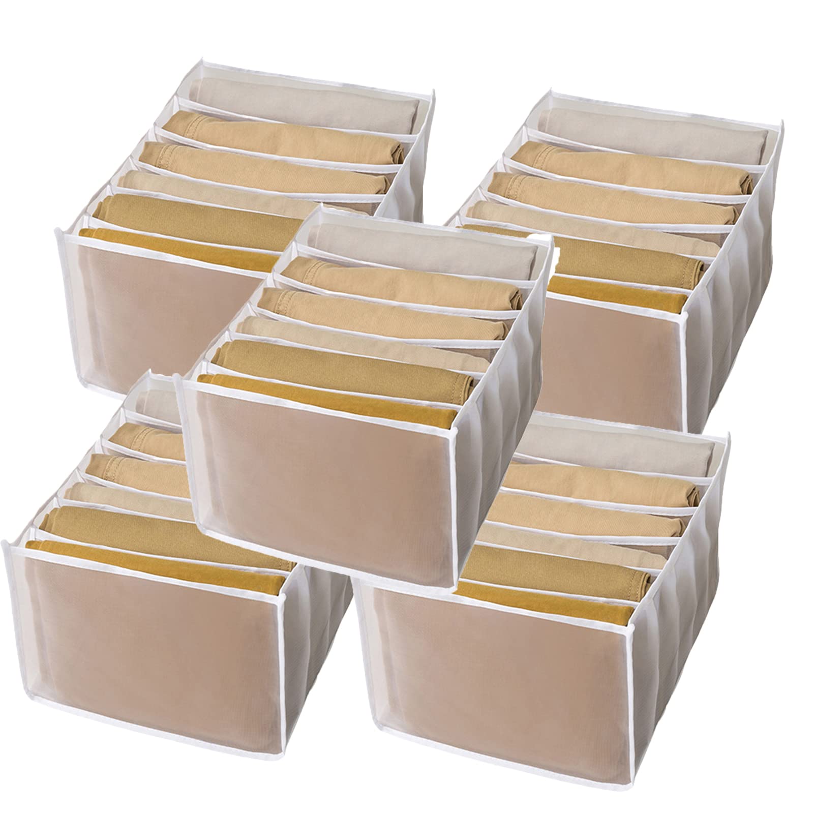 5-Pack Foldable Mesh Drawer Organizers for Clothes - 7 Grids Storage Box for Jeans, Shirts & Accessories | Washable Wardrobe Closet Organizer for Bedroom, Dorm & Travel