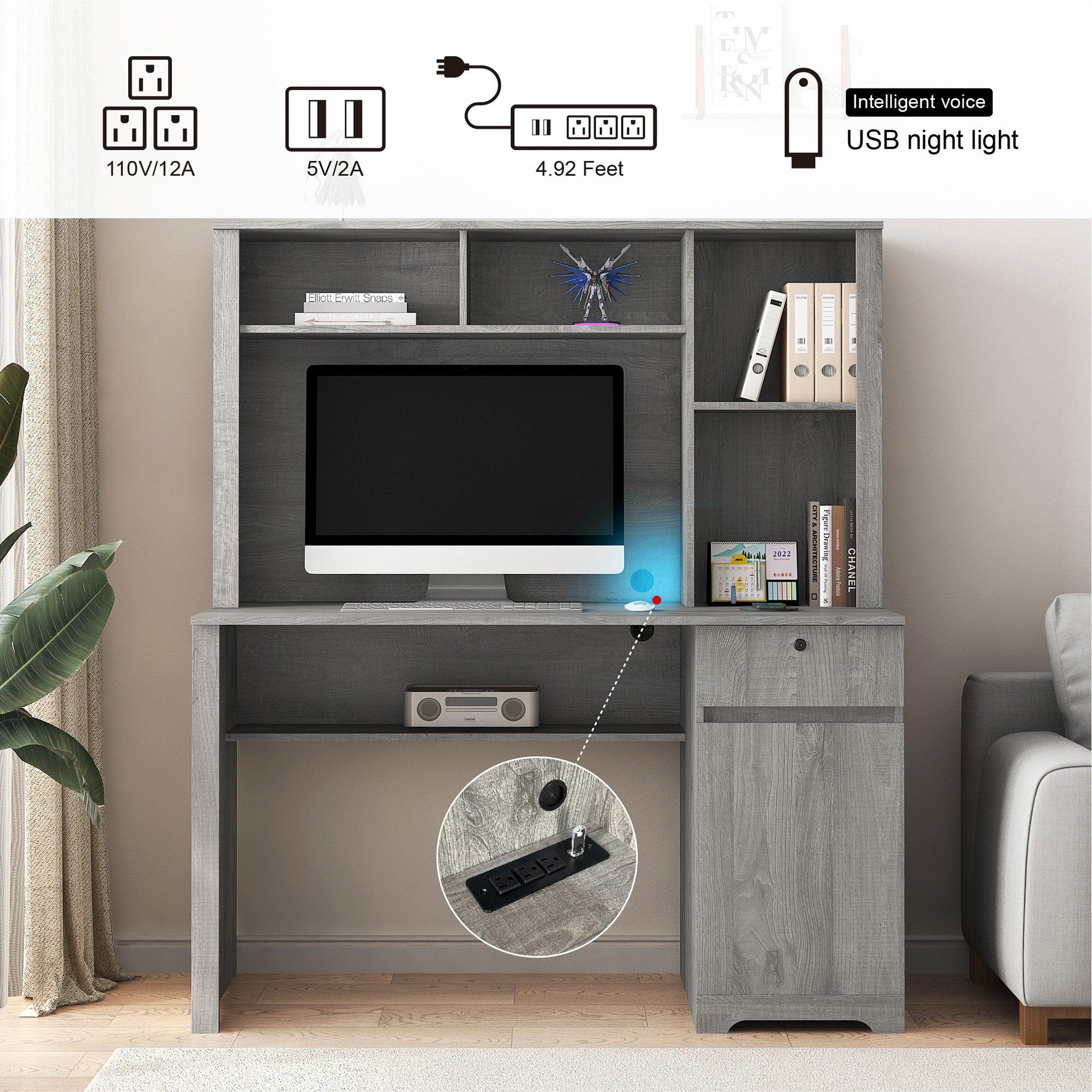 Wooden Computer Desk with Hutch & Bookshelf - Home Office Desk with Drawers, 3 AC Outlets & 2 USB Ports - Study & Writing Desk for Teens, Students & Professionals - Perfect for Small Spaces, Dorm Rooms & Home Offices