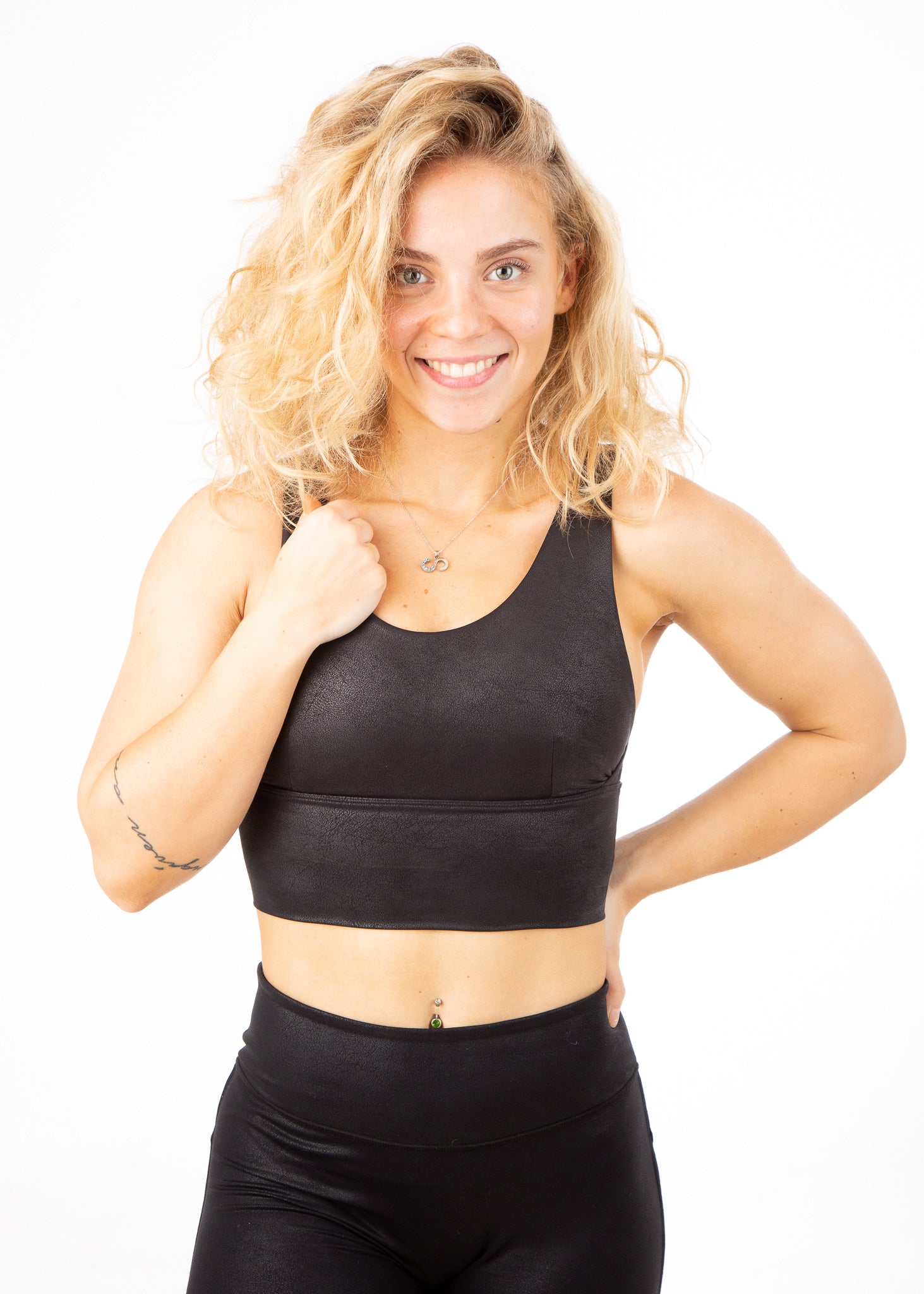 High-Performance Black Leather Sports Bra for Women - Breathable & Supportive Workout Top for Gym, Running, Yoga & Fitness