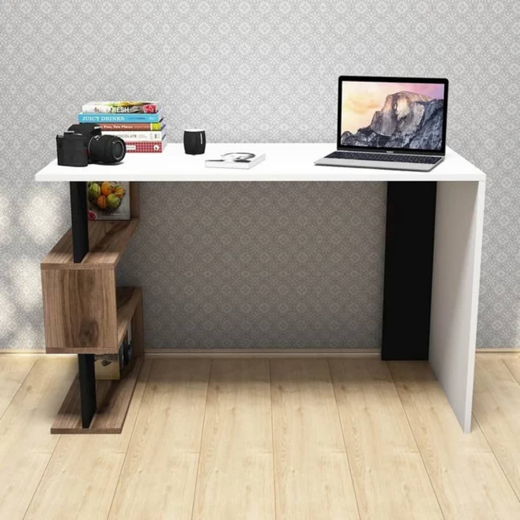 Minar Concept Snap Middle Study Desk Table - Modern White, Walnut & Black Finish - Perfect for Home Office, Dorm Room or Small Space Workstation