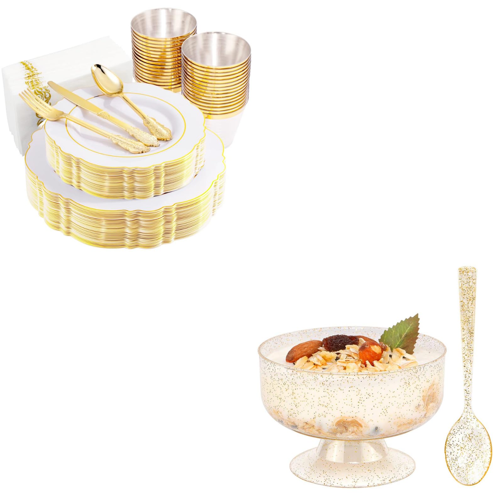 48-Pack 7oz Gold Glitter Plastic Dessert Cups with Spoons - Disposable Gold Party Plates, Silverware & Cups for Birthday, Wedding, Baby Shower & Holiday Events