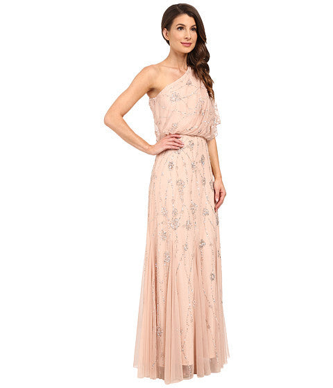 Adrianna Papell One Shoulder Beaded Gown - Elegant Blush Evening Dress for Prom, Wedding & Formal Events