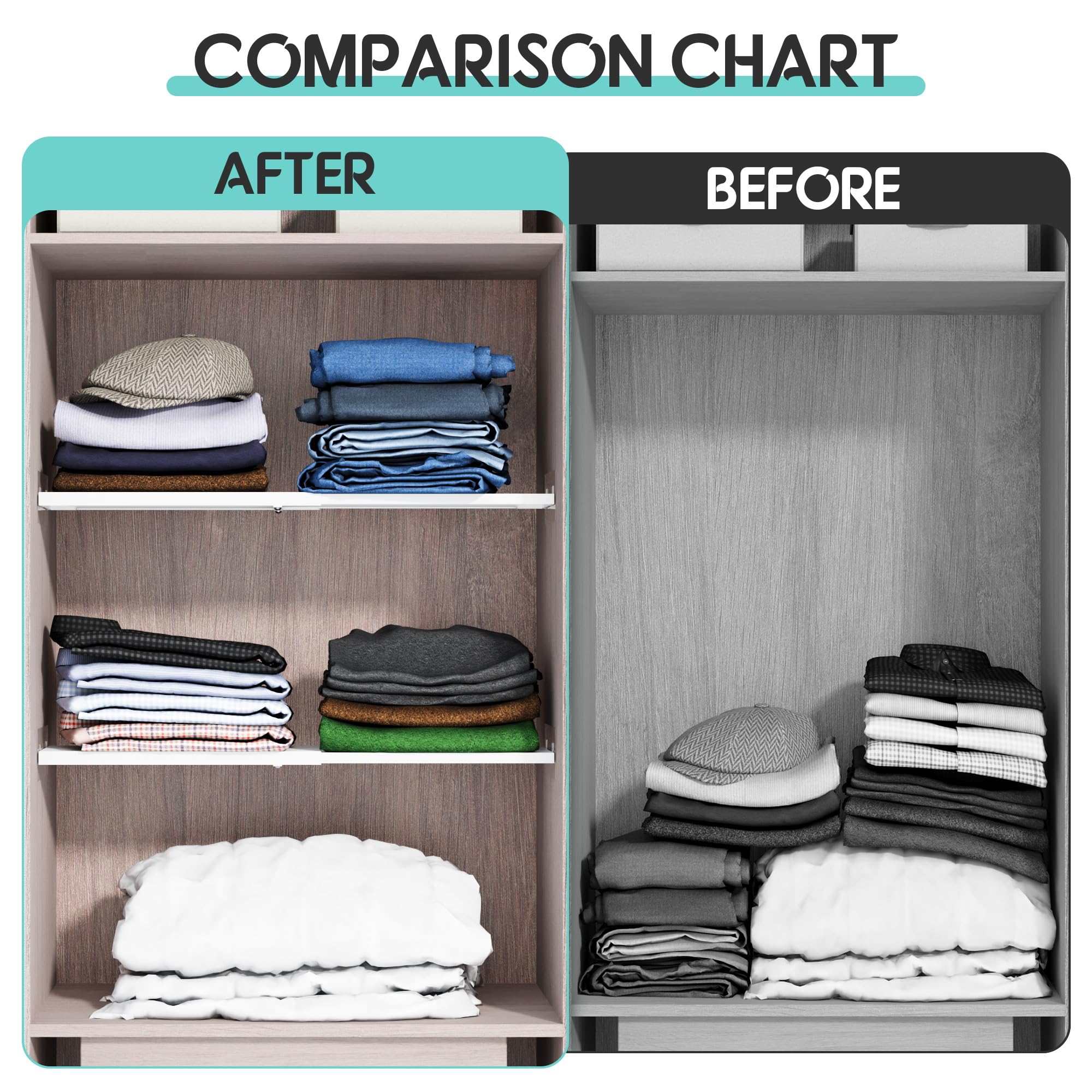 2-Pack Adjustable Closet Shelves Organizer - Expandable Closet Tension Shelf Storage Rack for Wardrobe, Cabinet, Kitchen & Bathroom - Space Saving Shelving System for Home Organization (Perfect for Small Spaces, Apartments & Dorm Rooms)