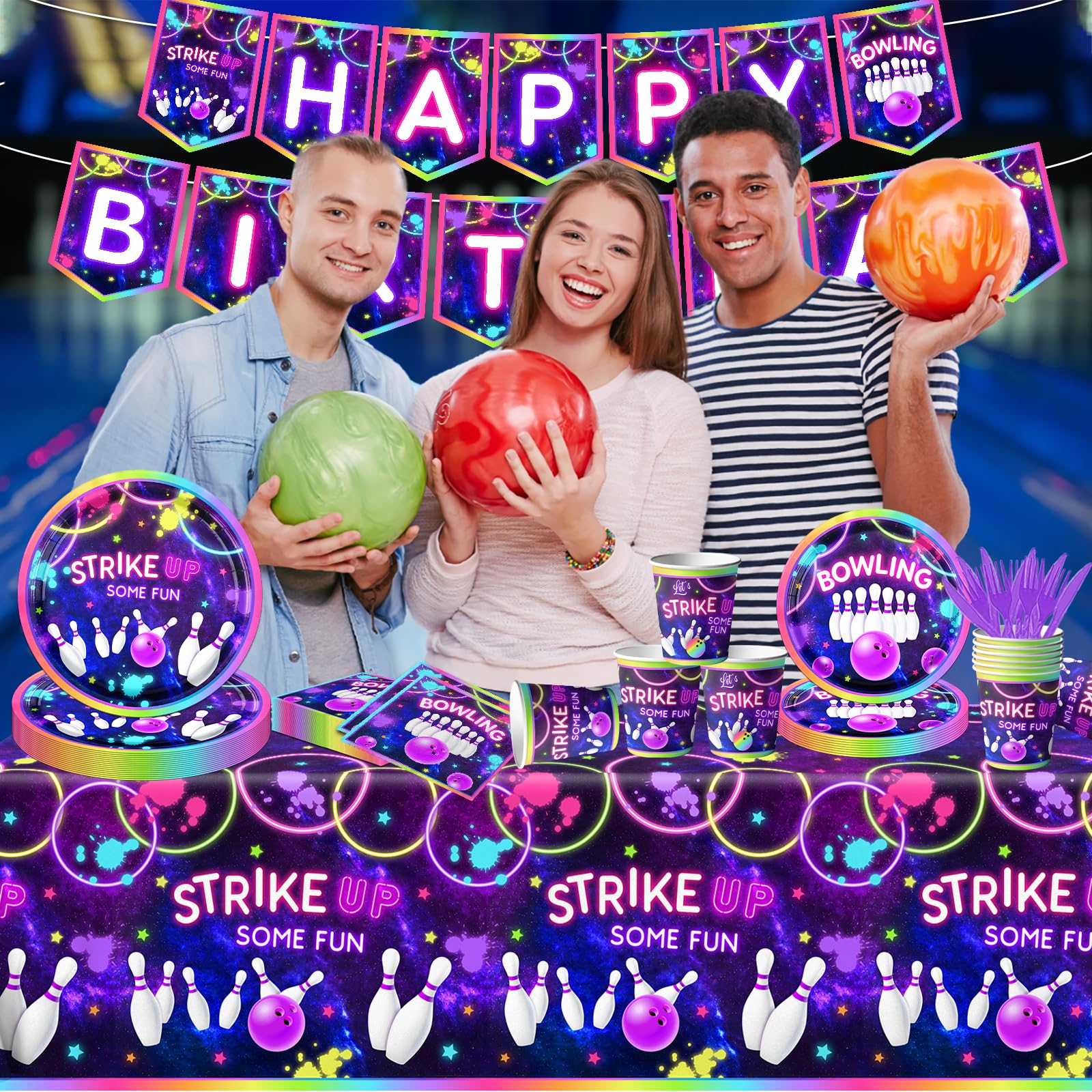 142Pcs Bowling Party Supplies Set - Disposable Plates, Tablecloth, Napkins, Cups & Utensils for Kids Birthday Decorations | Neon Rainbow Glow Theme | Perfect for Bowling Themed Parties, Baby Showers & Game Night Events