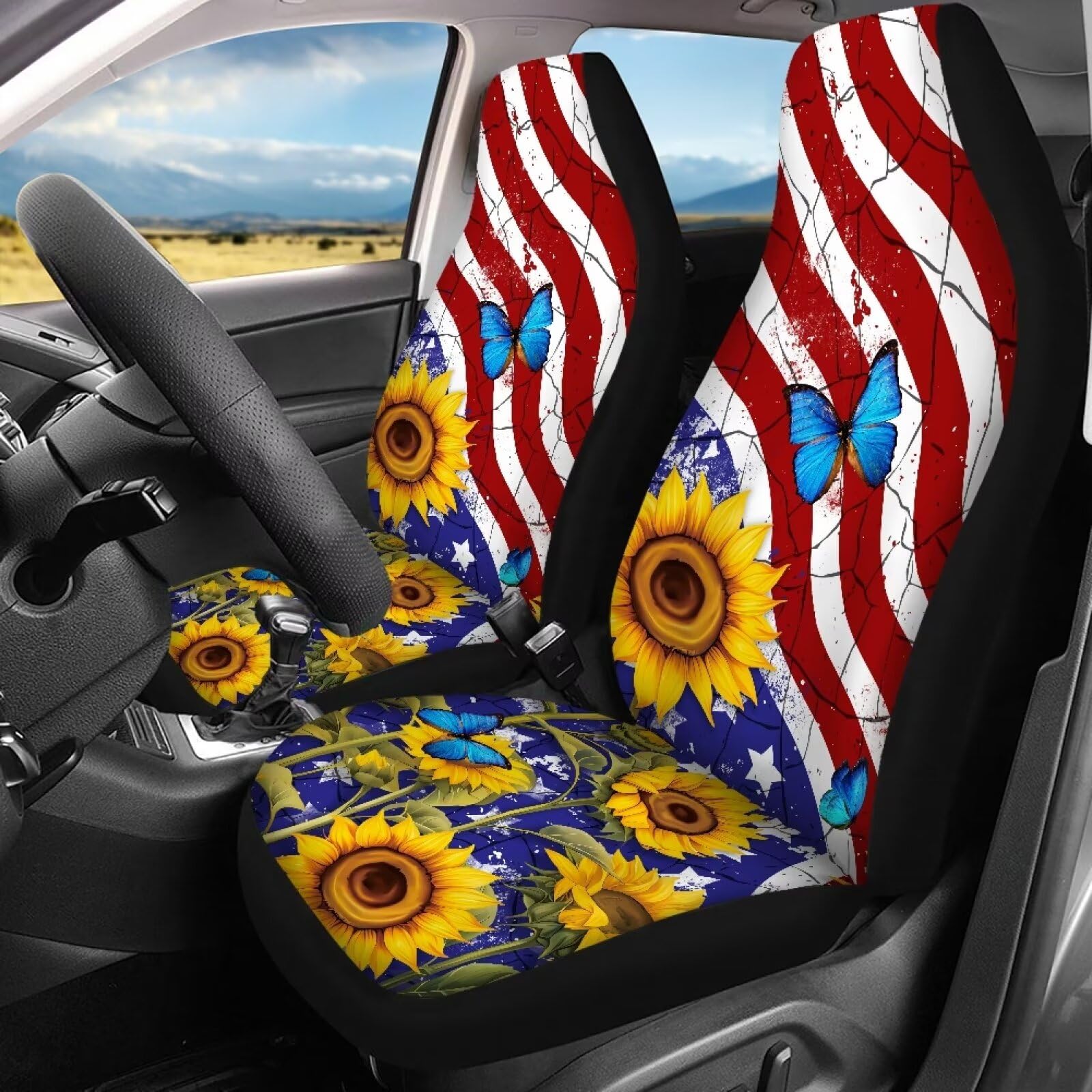 Wideasale 4-Piece USA Flag & Sunflower Butterfly Car Seat Covers Set - Breathable Elastic Front & Rear Bench Protectors for Cars, Trucks, SUVs | Perfect for Road Trips, Daily Commutes & Vehicle Interior Protection