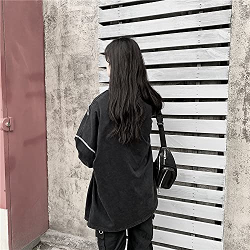 Gothic Long Sleeve Sweatshirt for Women - Oversized Loose Fit Dark Black Pullover Top for Spring and Autumn | Casual Streetwear, Layering Essential, Gothic Fashion Outfits