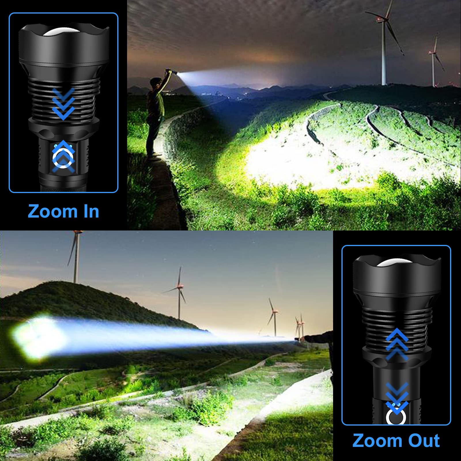 Rechargeable LED Flashlight 990000 Lumens Super Bright Tactical XHP90 Flashlight with 5 Modes & Zoomable - Military Grade Waterproof for Emergency, Camping, Hiking, Hunting, Power Outages & Outdoor Adventures