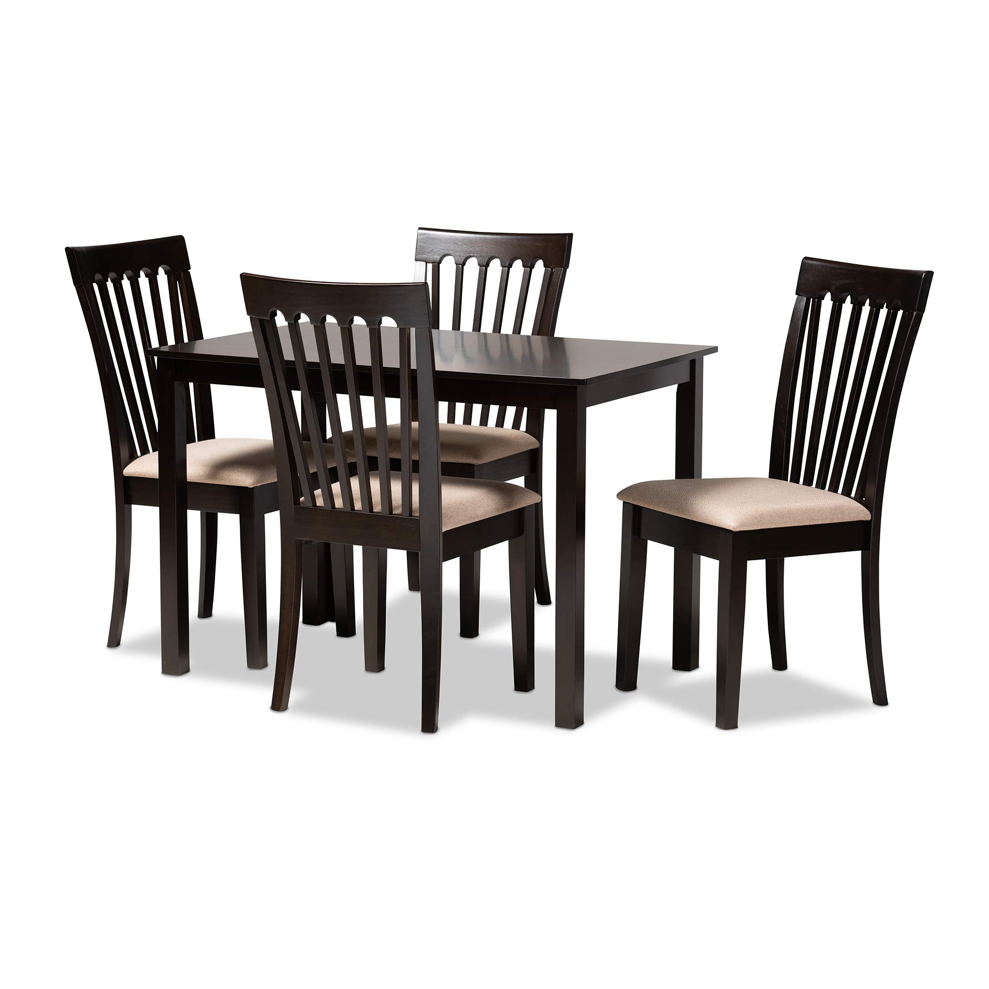 Baxton Studio Minette 5-Piece Dining Set - Espresso Brown Wood Table with Sand Fabric Upholstered Chairs | Perfect for Small Spaces, Breakfast Nooks & Apartment Dining Areas