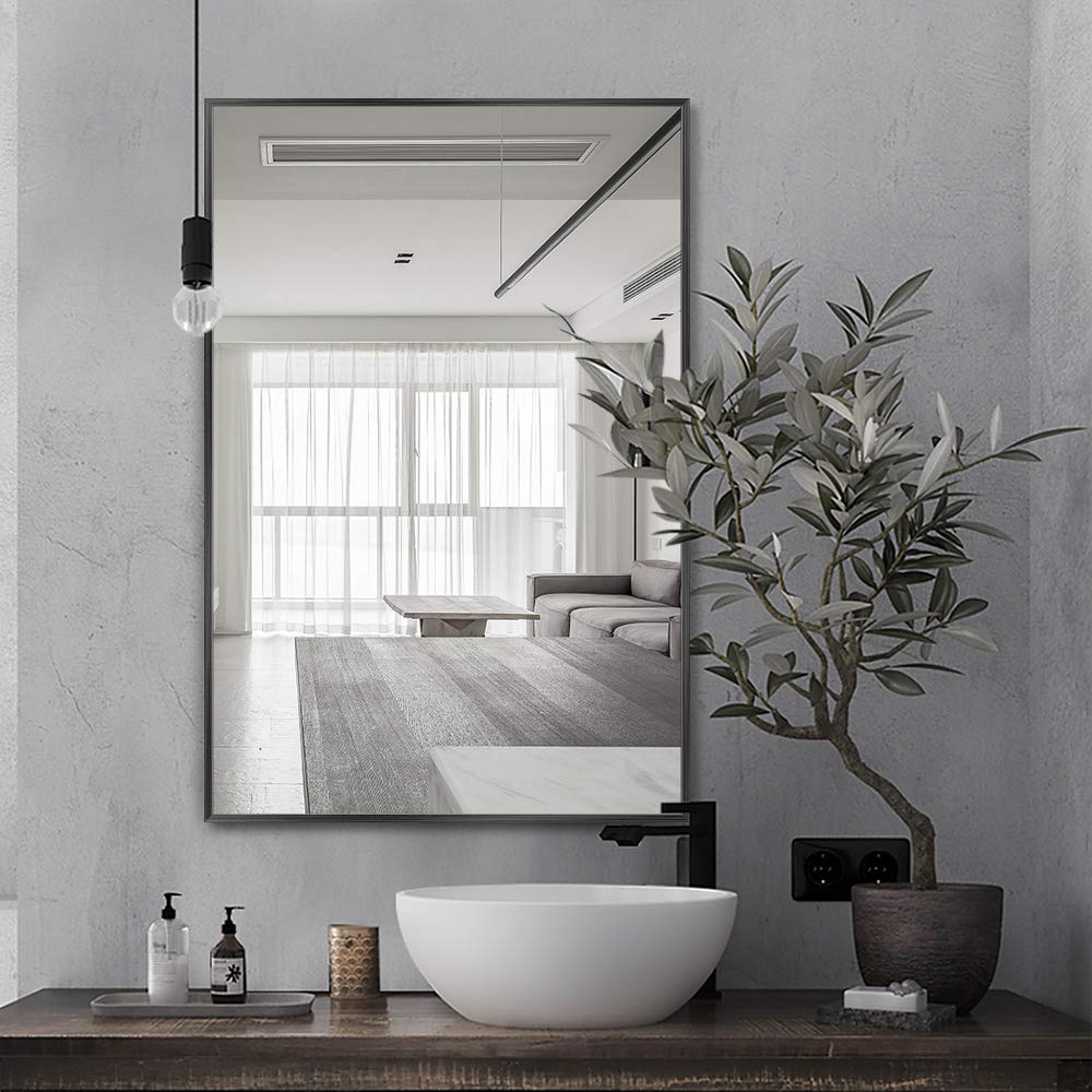36x24 Black Wall Mirror - Bathroom & Living Room Decor with Aluminum Frame