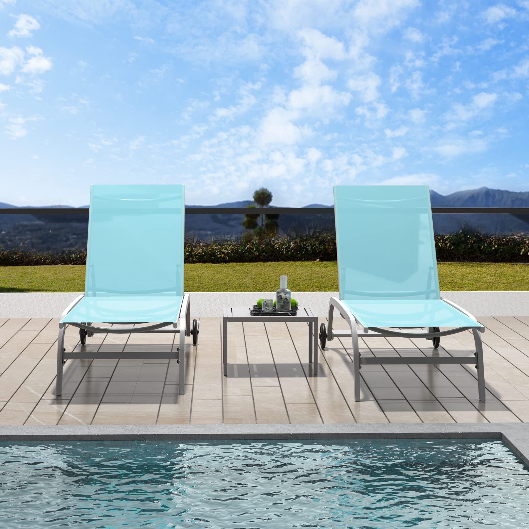 Domi Chaise Lounge Outdoor Set of 3 Adjustable Pool Chairs with Wheels - Patio, Beach & Yard Furniture in Turquoise Blue - Perfect for Sunbathing, Relaxing by the Pool or Coastal Getaways