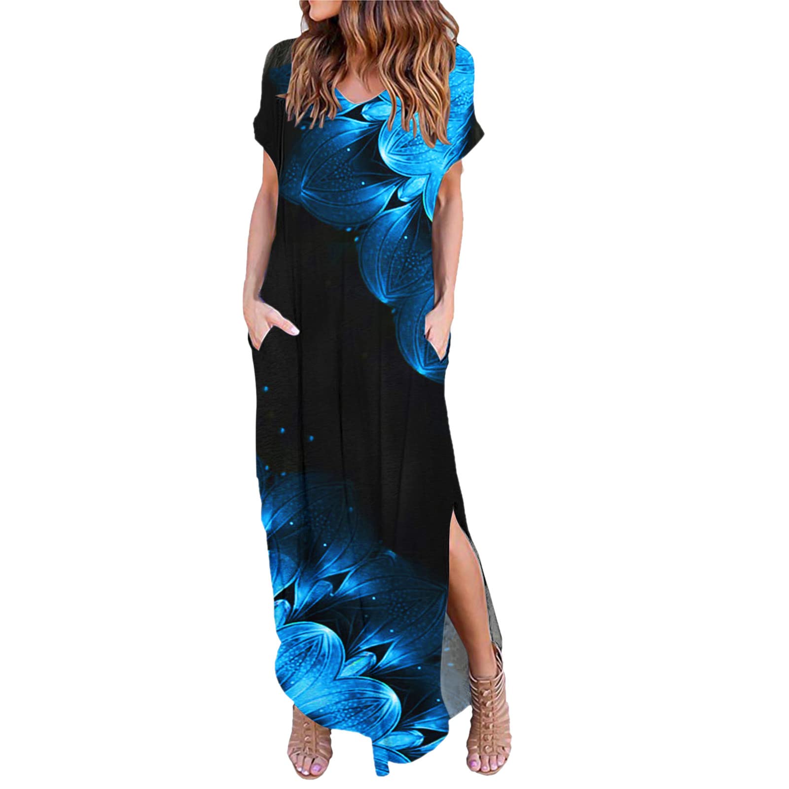 Women's Floral Print V-Neck Maxi Dress - Sleeveless Summer Casual Long Dress with Pockets | Perfect for Beach Vacations, Outdoor Parties & Daily Wear