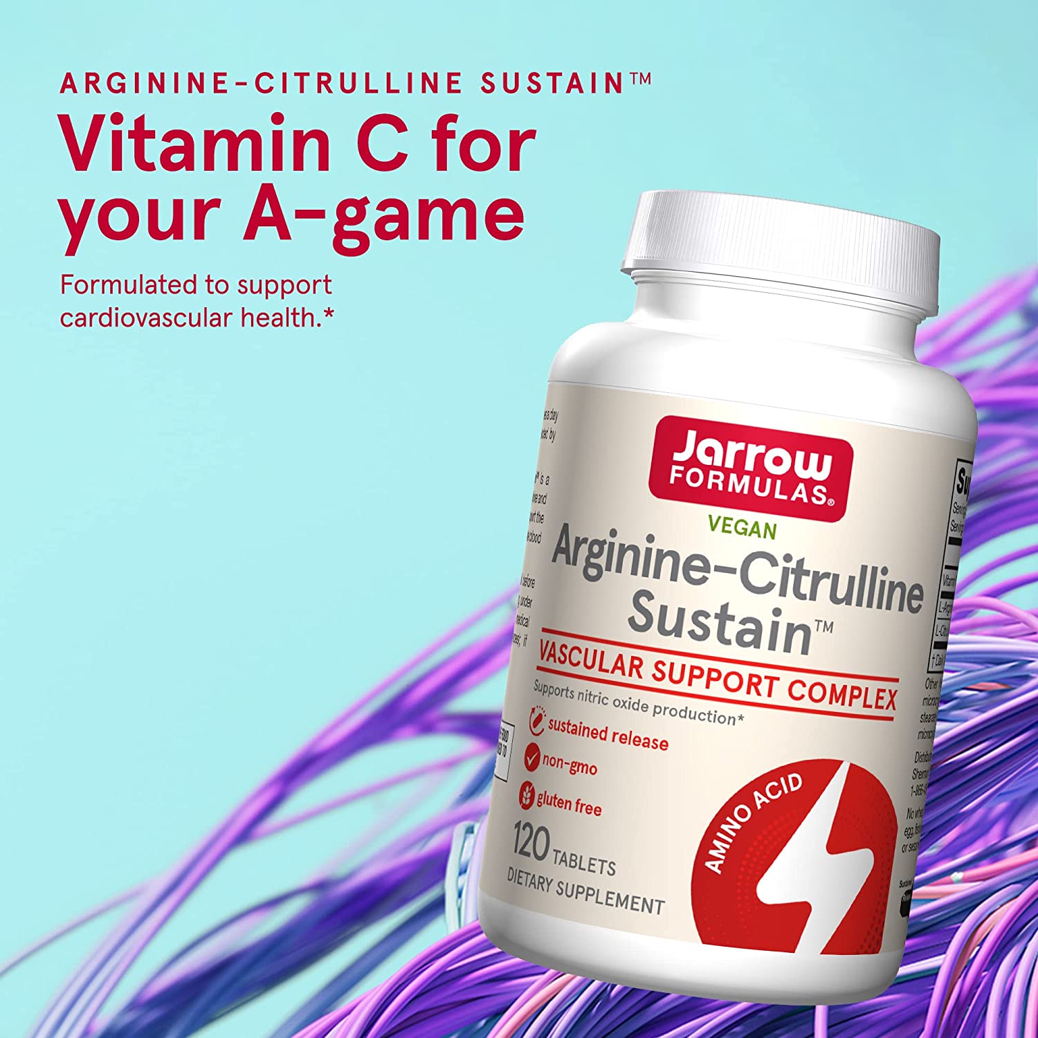 Jarrow Formulas Arginine Citrulline Sustain Supplement - 120 Capsules for Cardiovascular Health, Blood Flow & Athletic Performance - Pre-Workout & Post-Workout Recovery Support
