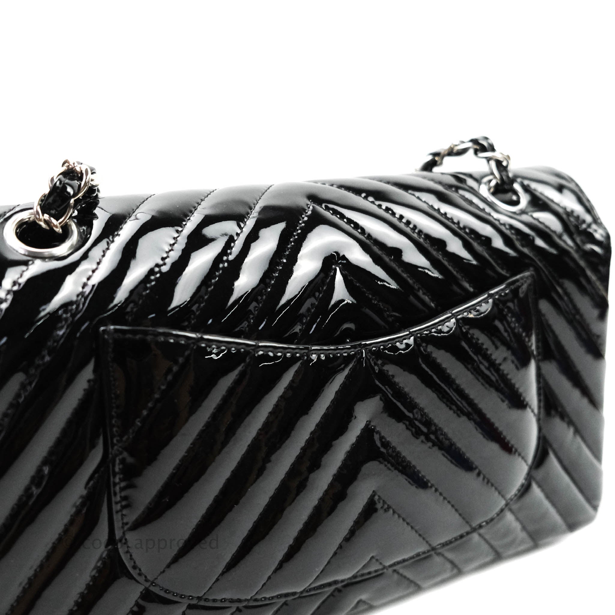 Chanel Classic Chevron M/L Medium Double Flap Bag - Black Patent Leather with Silver Hardware | Luxury Designer Handbag for Women, Perfect for Work, Evening Events & Special Occasions