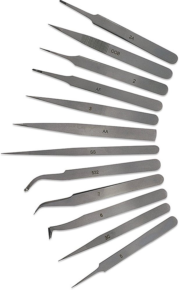 Professional 12-Piece Tweezer Set for Precision Work - EURO TOOL (TWZ-700.12) - Ideal for Electronics Repair, Jewelry Making, Crafting & Beauty Applications