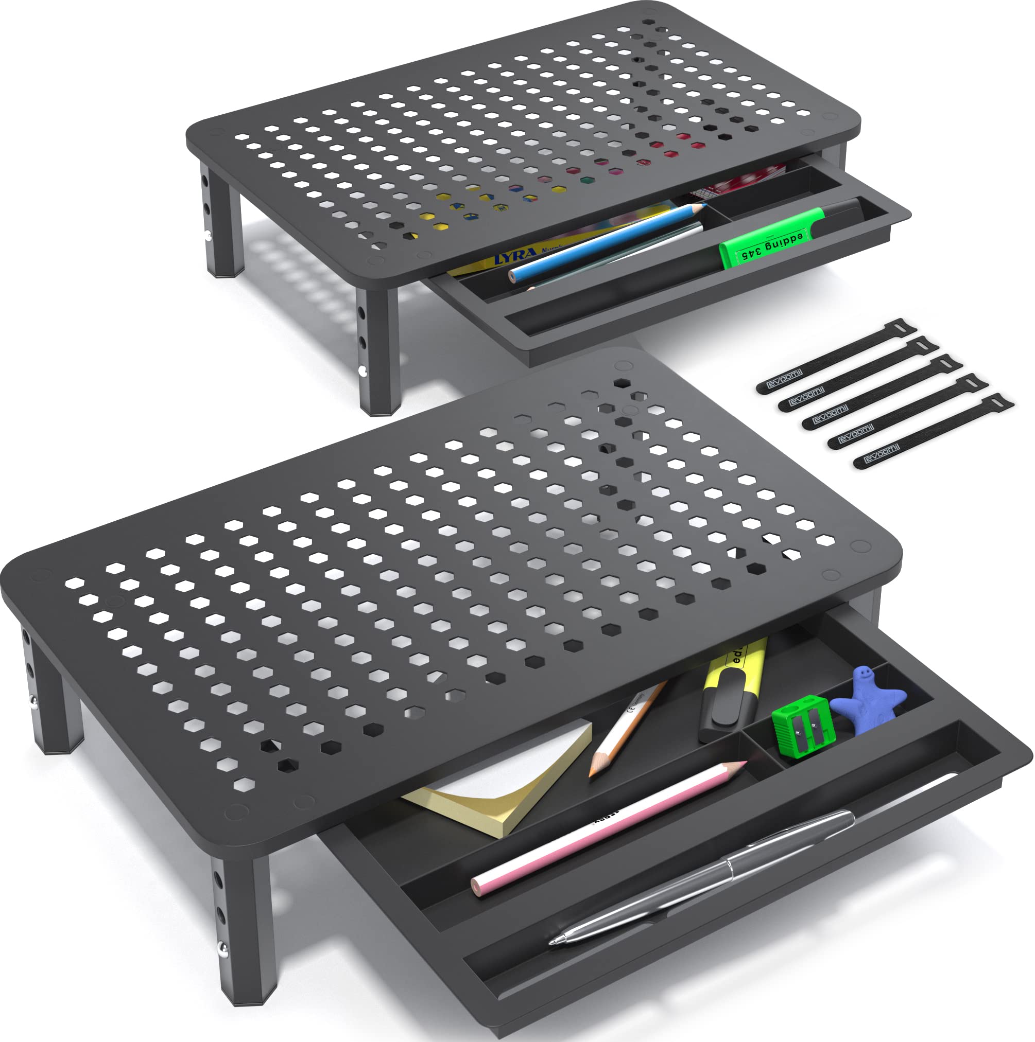 EVOOMI 2-Pack Monitor Stand with Drawer - Anti-Skid Mesh Metal Riser for Laptop, Printer & iMac - Boost Productivity & Reduce Back Pain for Office & Home Workspace