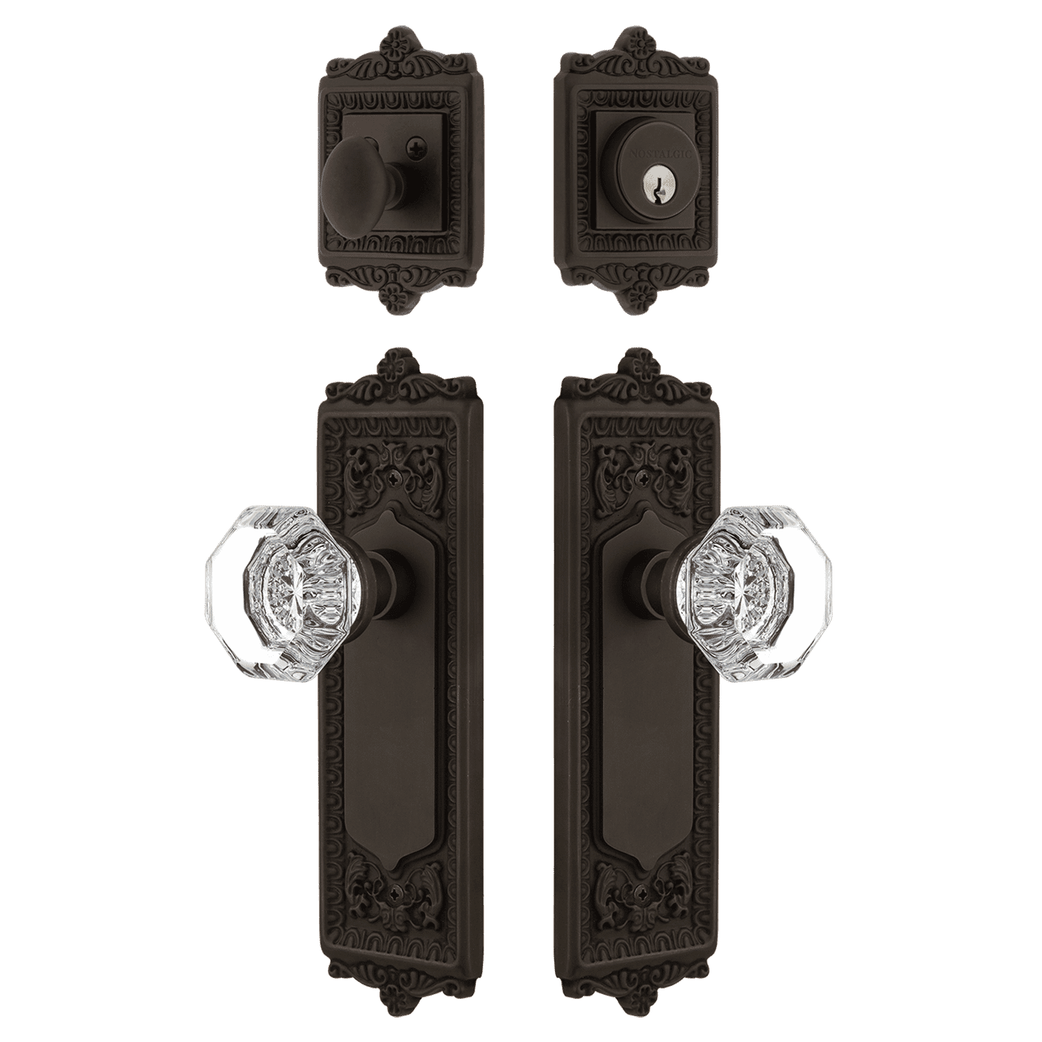 Oil Rubbed Bronze Egg & Dart Entry Door Set with Waldorf Crystal Knob - Elegant Front Door Hardware for Traditional & Classic Home Entryways
